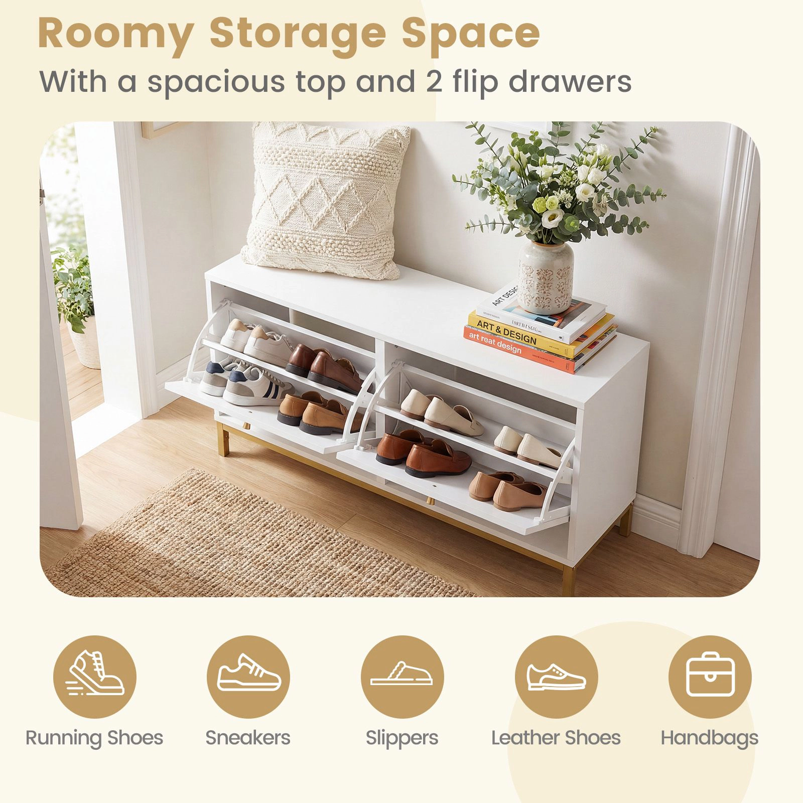 SlickBlue Entryway Shoe Cabinet Bench with 2 Flip Drawers and Shelves