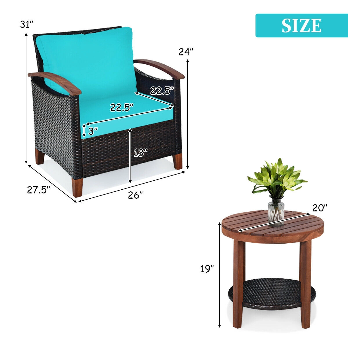 SUGIFT 3-Piece Turquoise Rattan Patio Set with Acacia Wood Frames