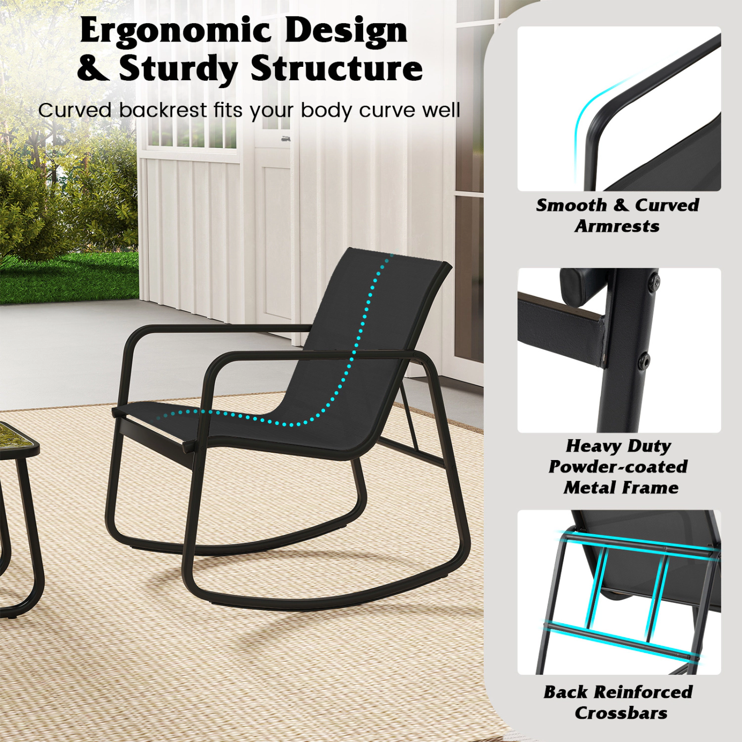 LJG 2 Rocking Bistro Chairs and Glass-Top Table for Porch Yard Balcony