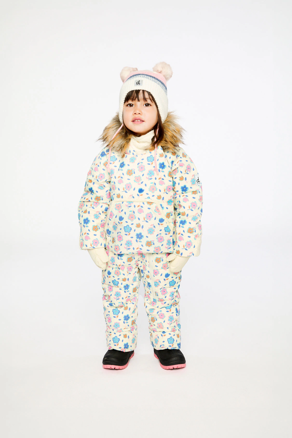 Deux par Girls Snug Floral Print One Piece Snowsuit Adapted for Car Seats with Faux Fur-Trimmed Hood