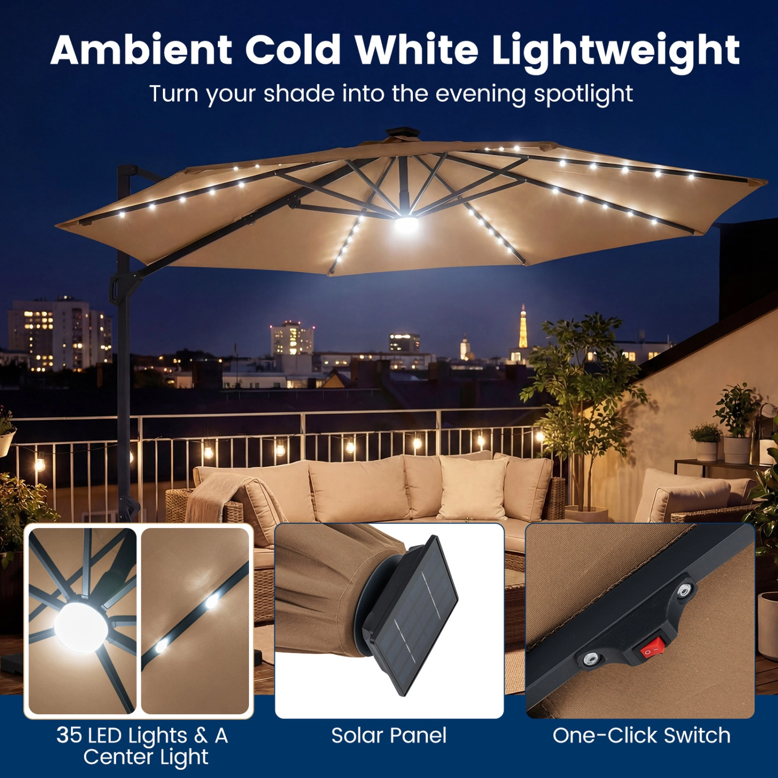 SUGIFT 10 ft Cantilever Patio Umbrella with 29 Solar LED Lights and 360 Degree Rotation