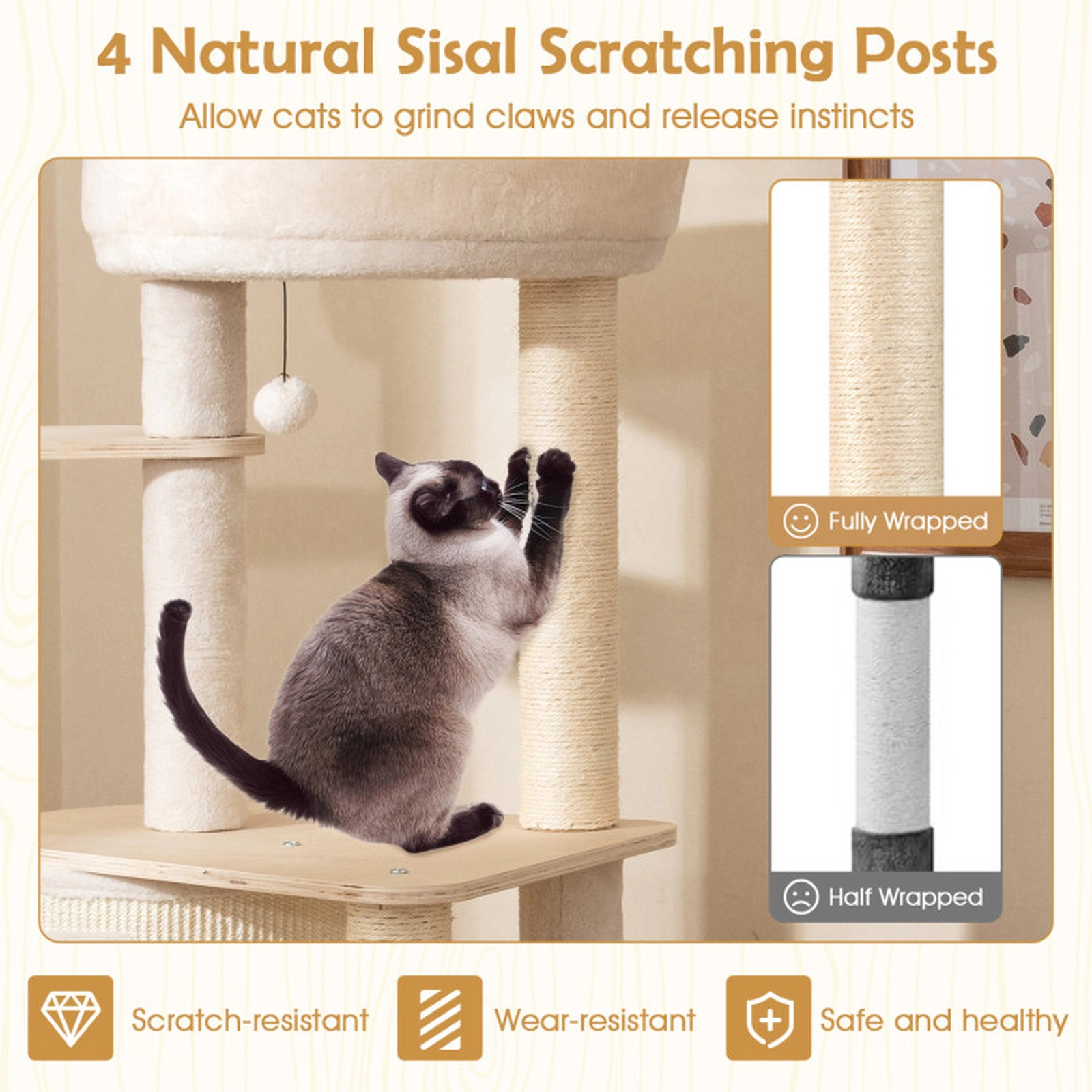 SUGIFT 56-in Natural Birch Plywood Cat Tree with Washable Condo Cover 20-in Padded Perch and Ladder