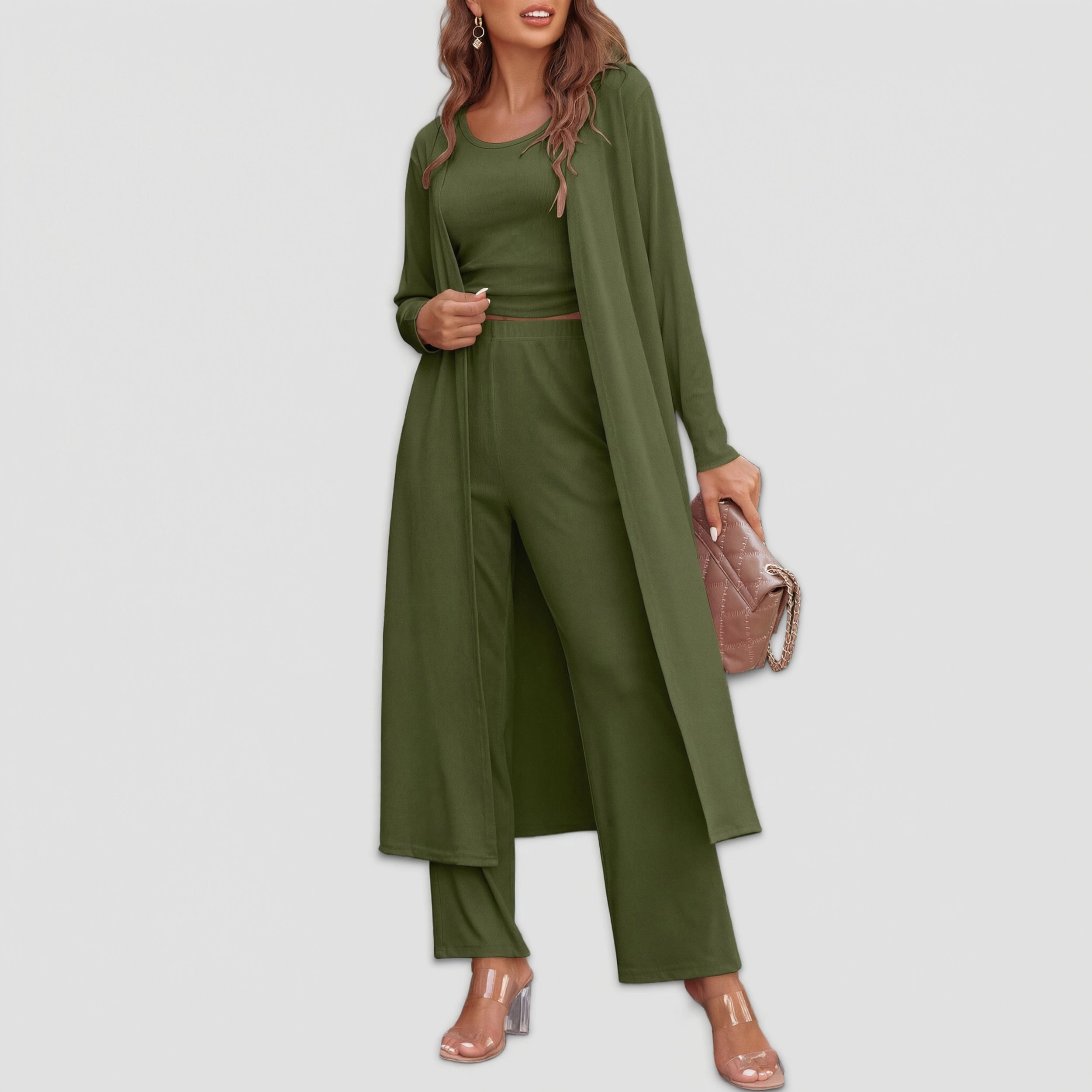 Ekouaer Women's 3 Piece Knit Lounge Set Pajama Long Sleeve Cardigan Sleeveless Top Pants