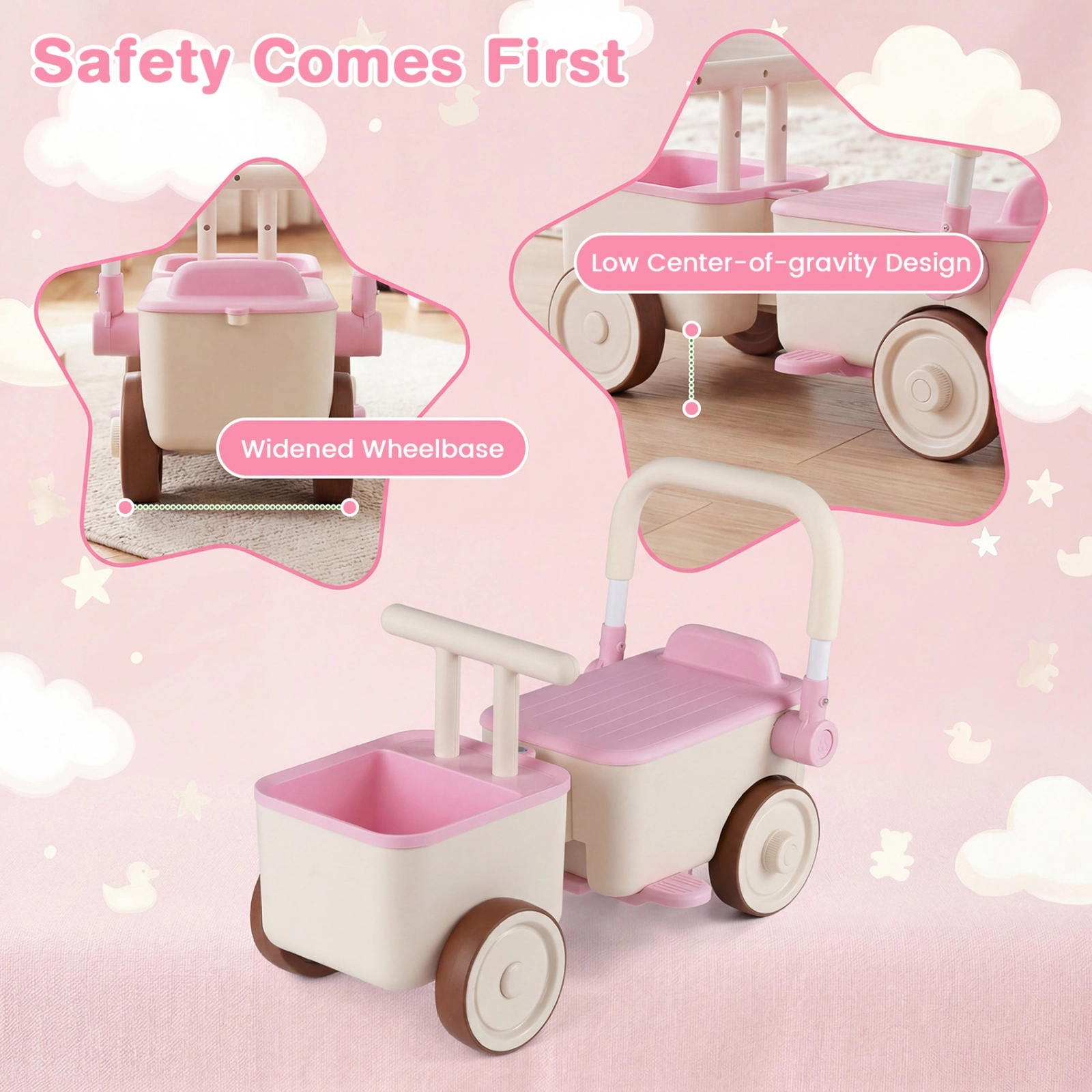 3-in-1 Kids Ride On Push Car Foldable Push Handle Tow Rope Storage Basket Toddler Push Walker Ages 3-6 Pink
