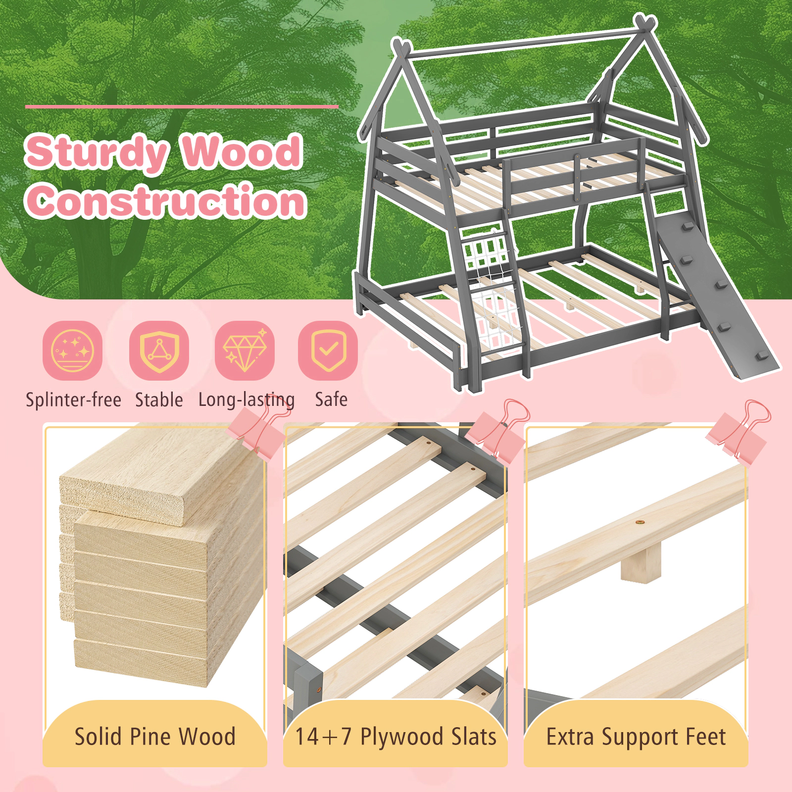 SUGIFT Twin Over Queen 440-lb Capacity Gray Pine Wood Kids Bunk Bed with Climbing Net Ramp and Guardrails