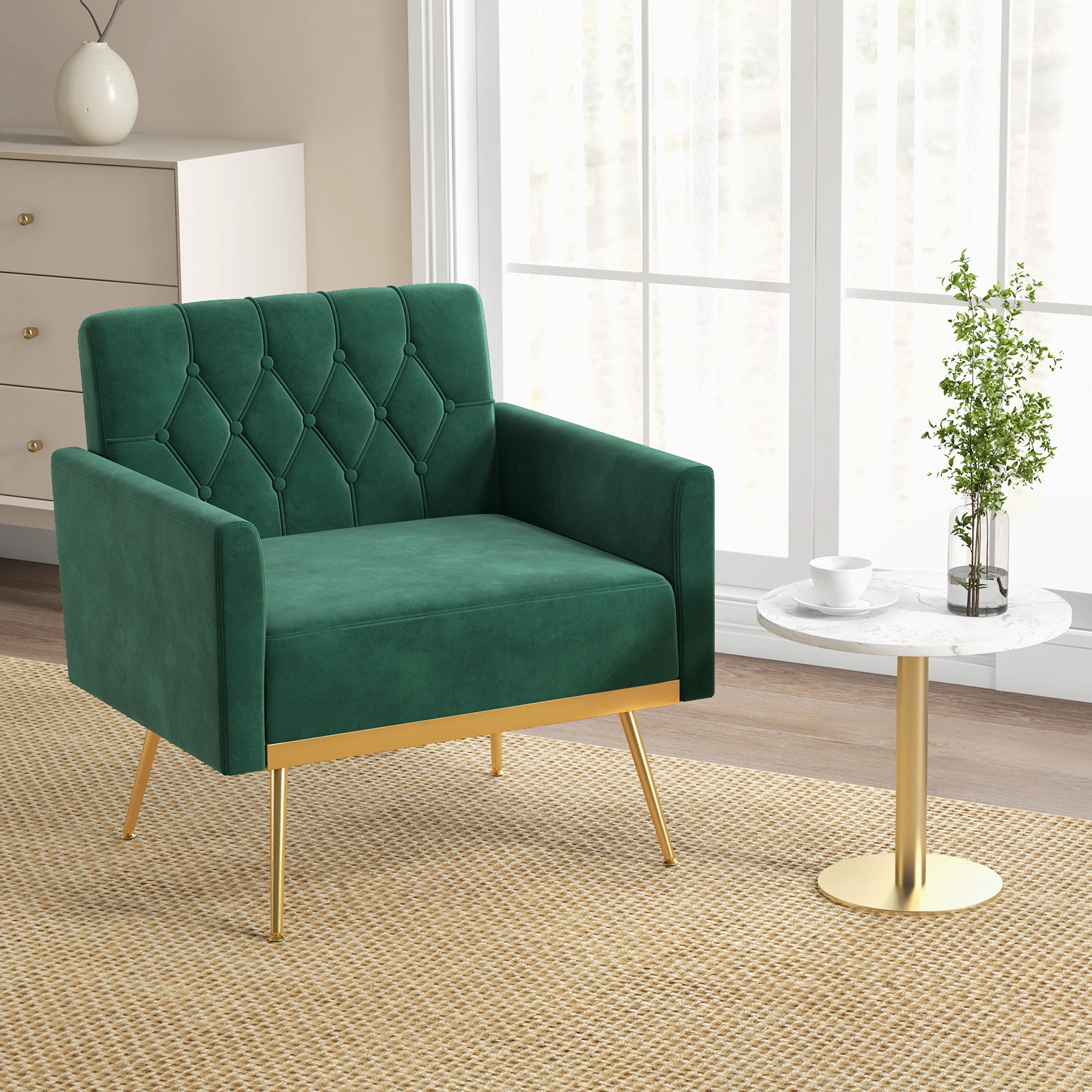 SUGIFT Turquoise Button Tufted Back Golden Metal Legs and Adjustable Pads Velvet Accent Chair