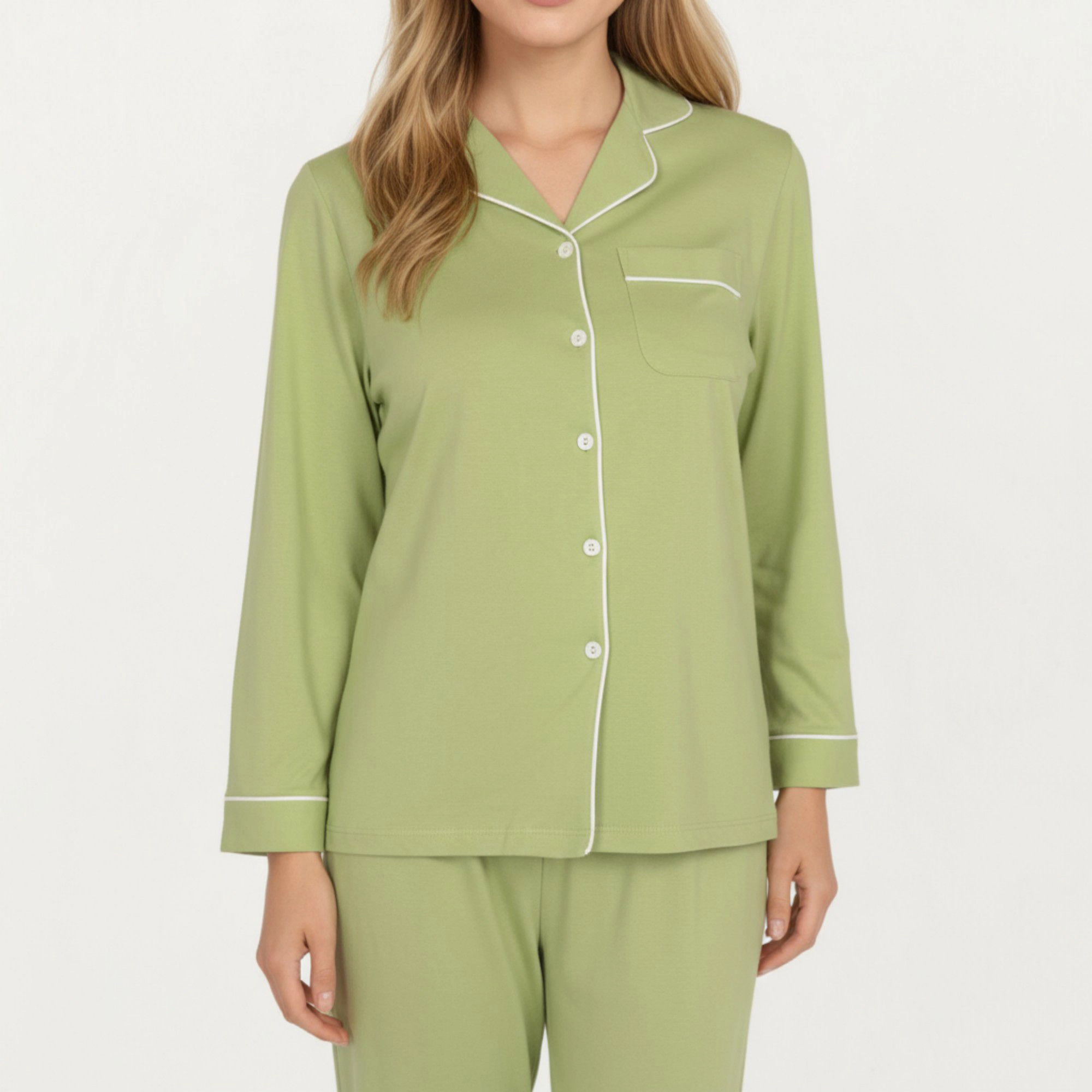 Anna-Kaci Women's 2-Piece Long Sleeve Button Front Top and Matching Relaxed Fit Pants Pajama Set with Contrast Piping