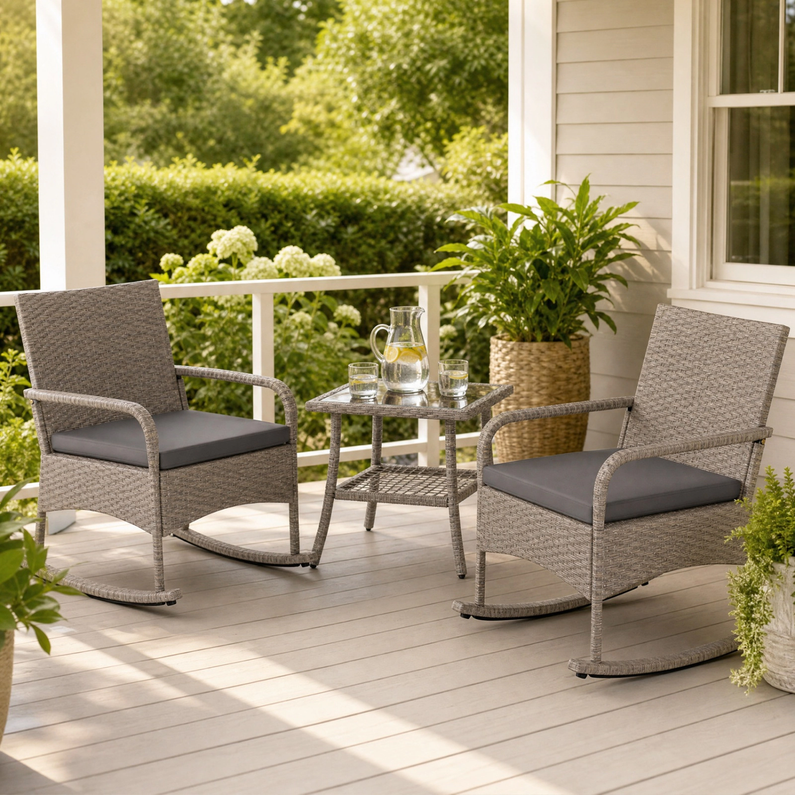SUGIFT Gray Cushions and Glass Top Table for Garden 3-Piece Wicker Rocking Bistro Set
