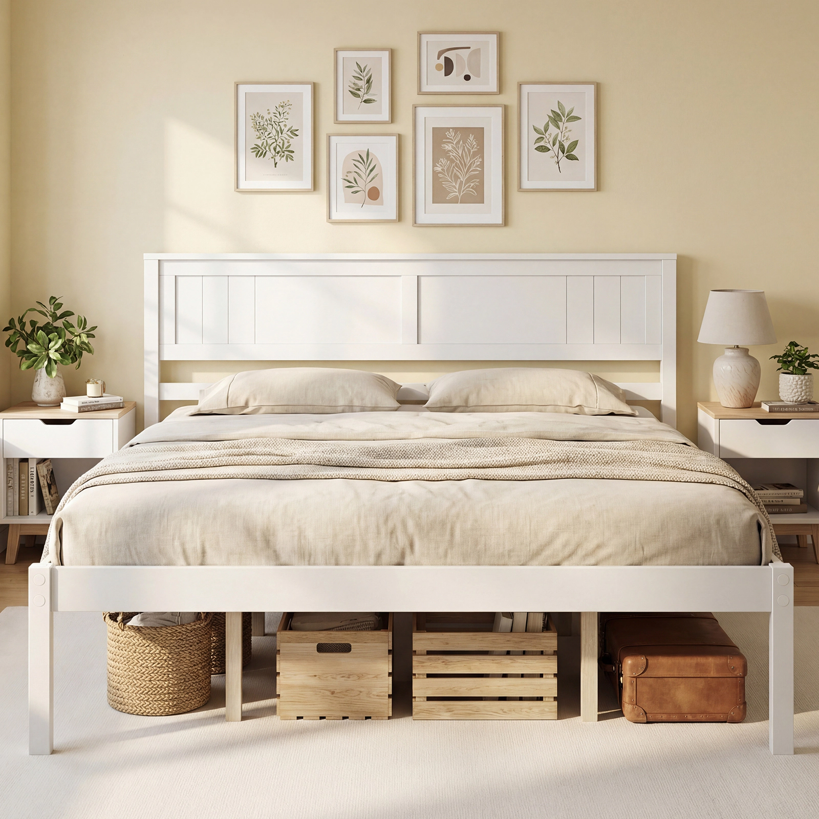 SUGIFT Queen Wooden Platform Bed Frame with Panel Headboard, Natural Finish