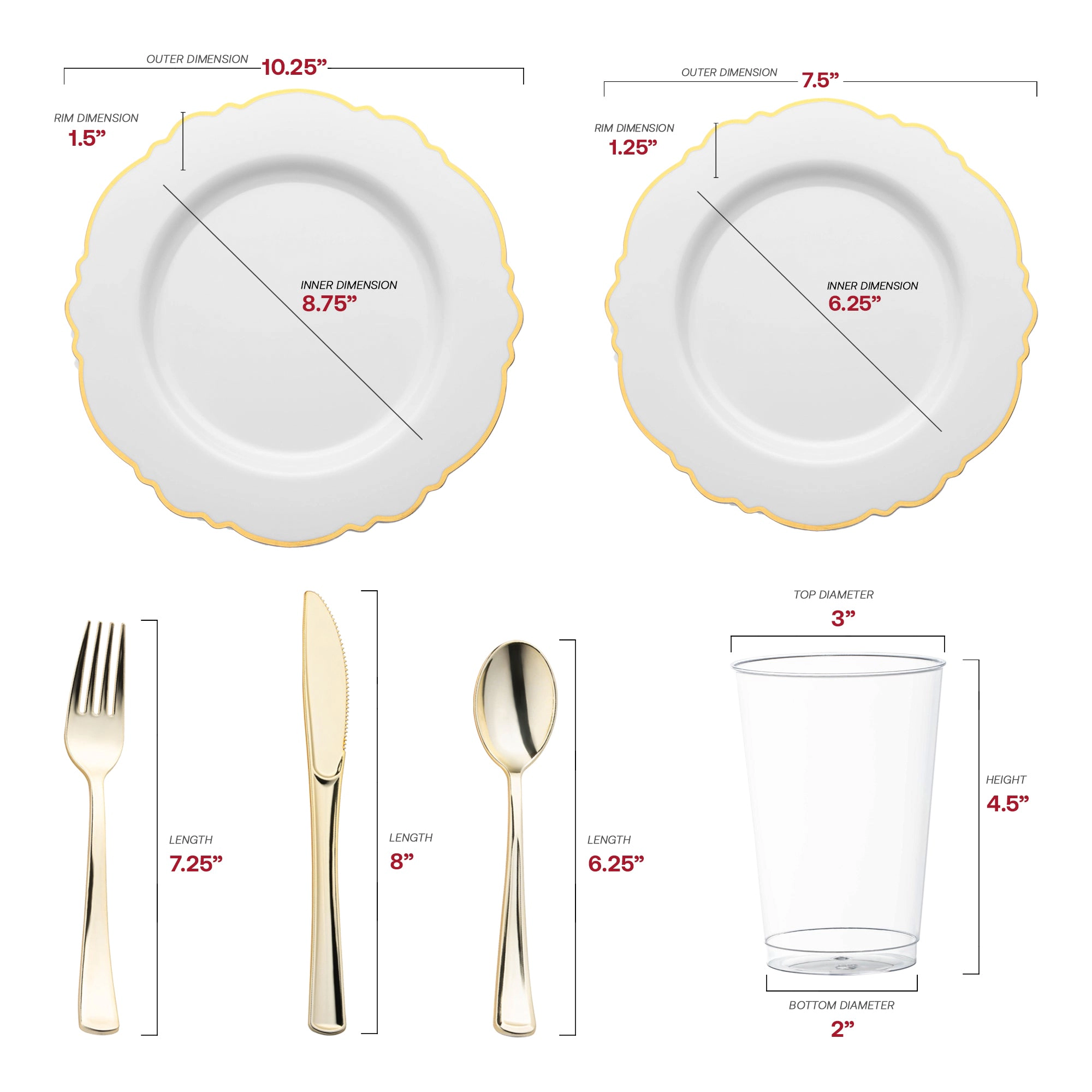 Smarty Had A Party White with Gold Rim Round Blossom Disposable Plastic Wedding Value Set