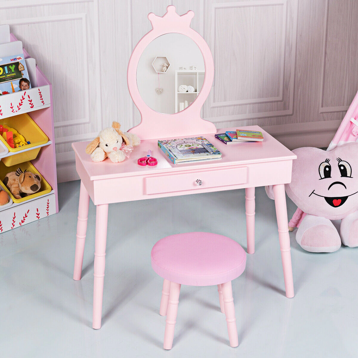 SUGIFT Pink Kids Vanity Table and Stool Set with Mirror, Cushion and Drawer
