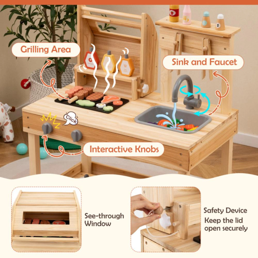 Hivvago Wooden Barbecue Grill Playset with Play Food and Open Shelves-Natural