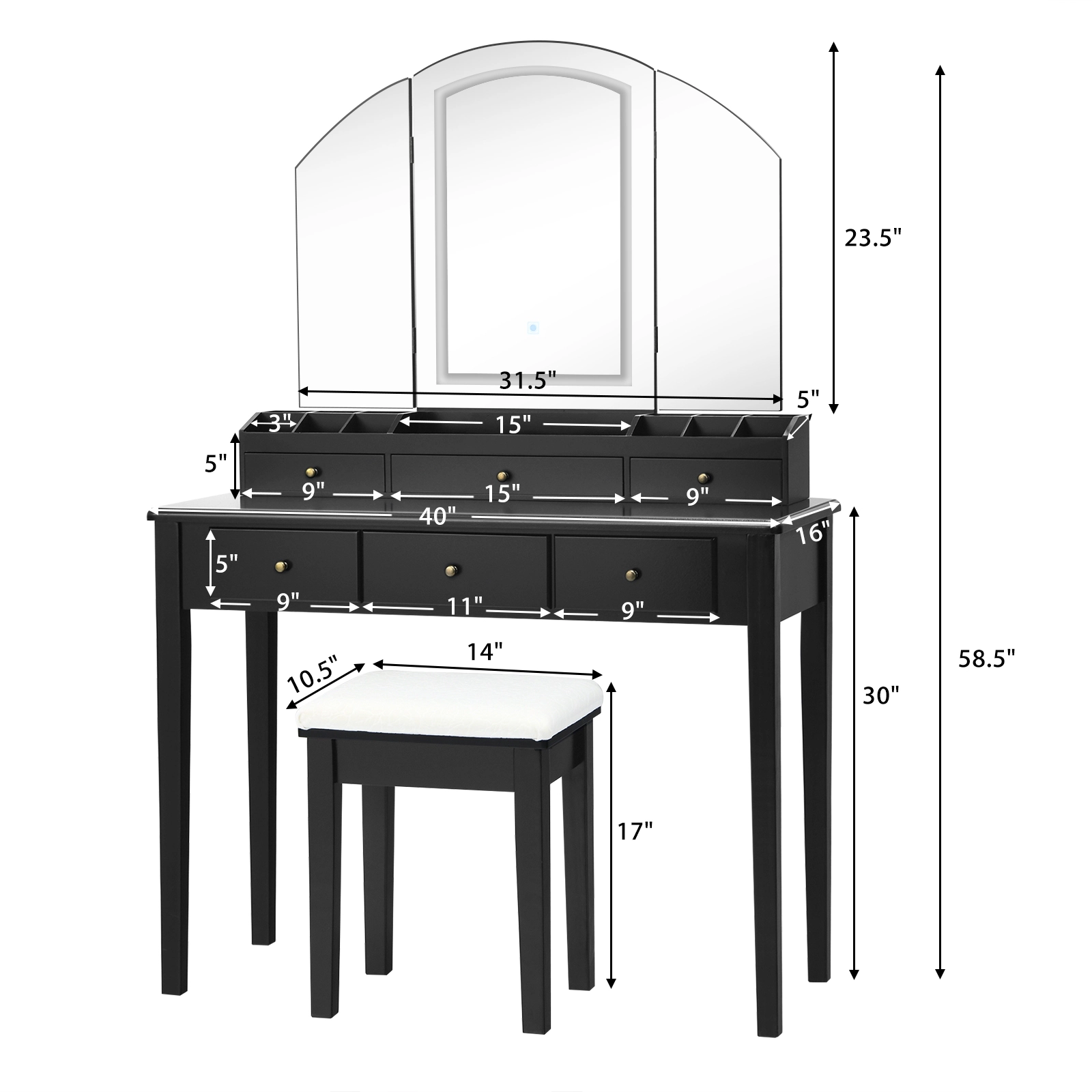 SUGIFT Tri-Folding Lighted Mirror Vanity Table and Stool Set 40-in Wide 110-lb Desktop Capacity 2-Piece Black