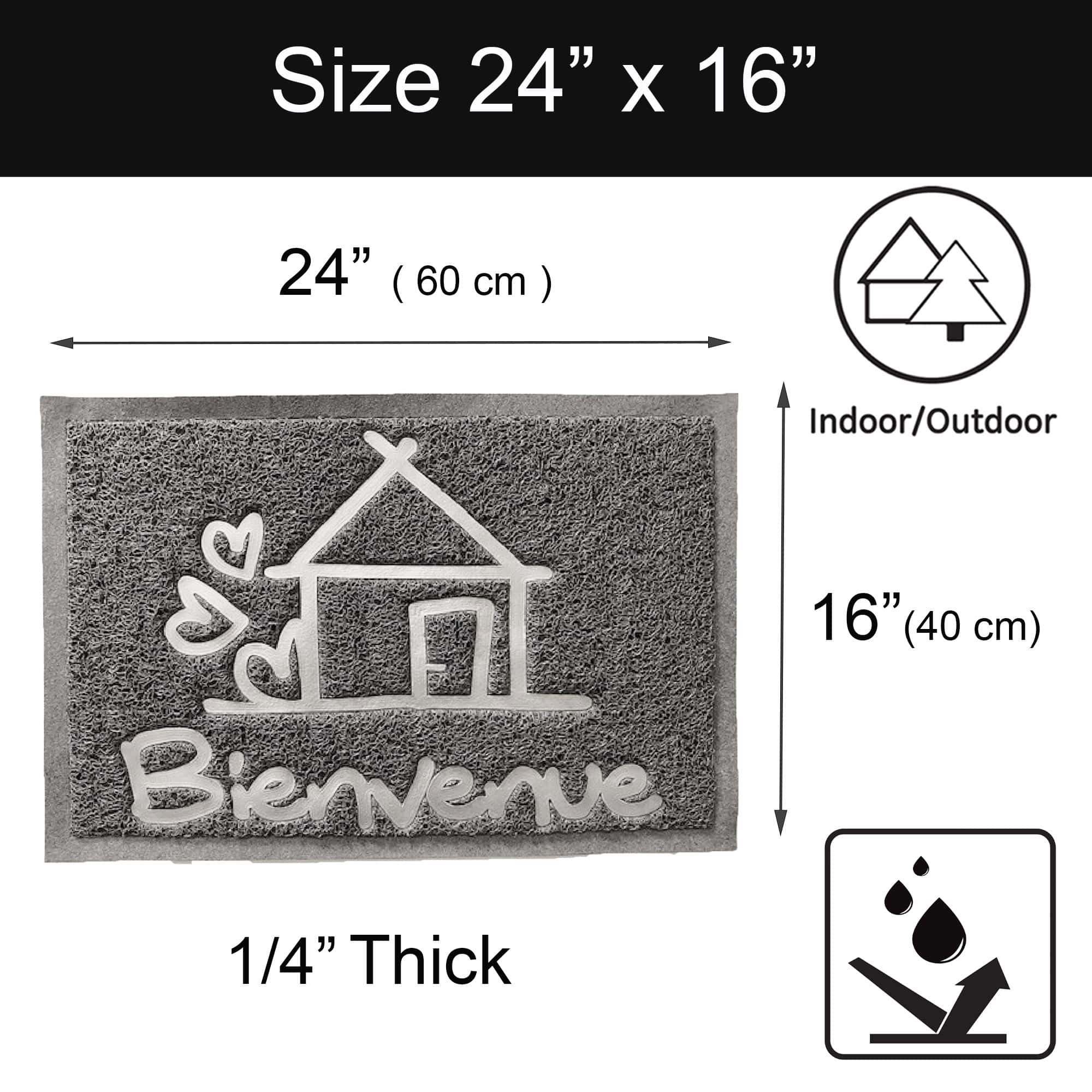 Evideco French Home Goods Gray Bienvenue PVC Doormat 24 x 16 Inches