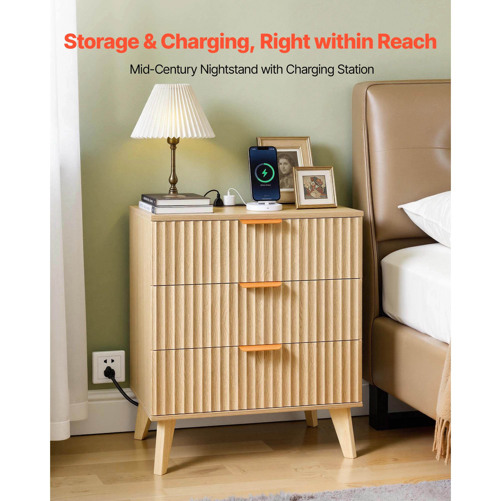 HONGGE Fluted Nightstand with Charging Station, 3 Drawers, Dresser for Bedroom, Mid Century Modern End Table