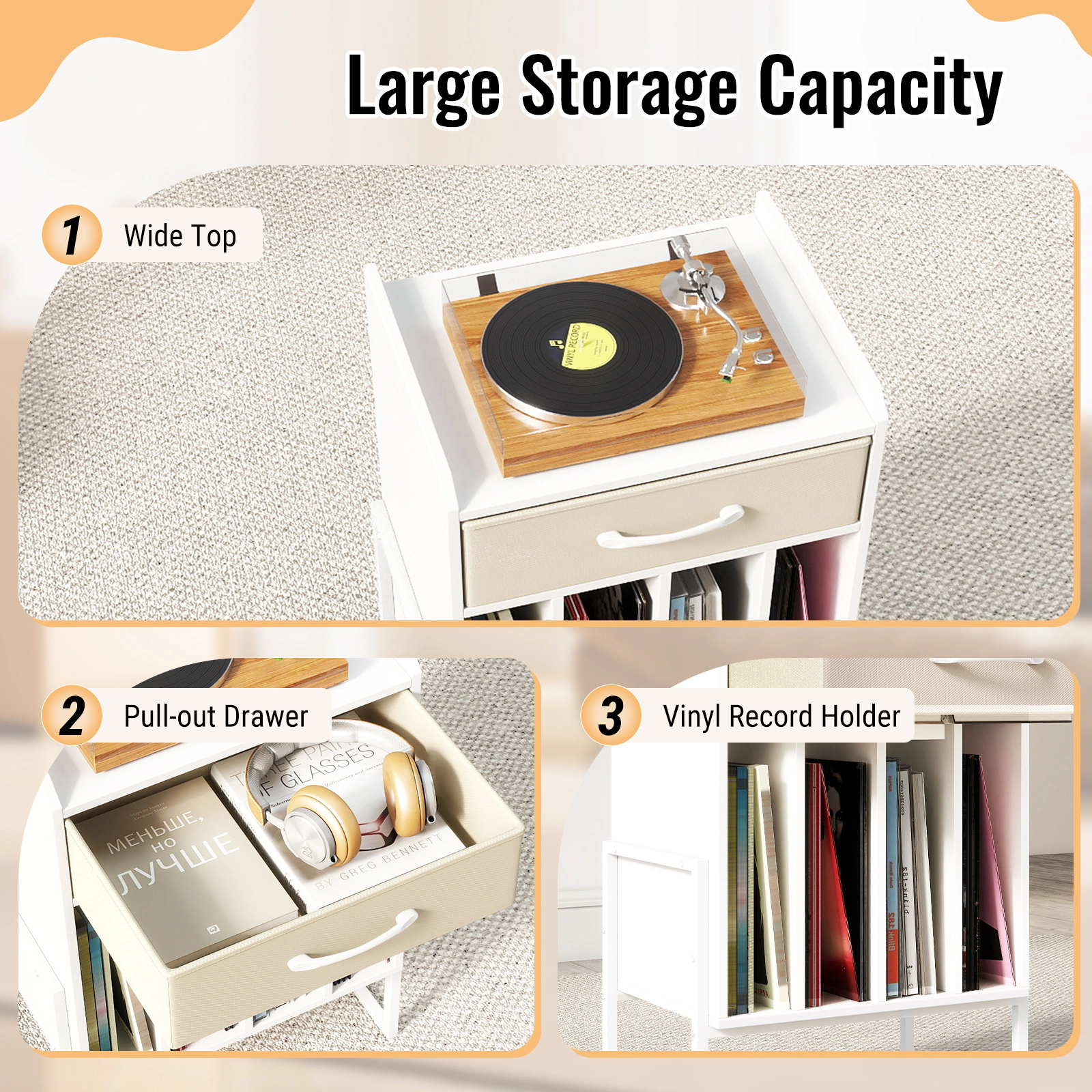SUGIFT Record Player Stand with Drawer and Vinyl Record Holder 66-lb Tabletop Capacity 44-lb Vinyl Shelf Capacity White