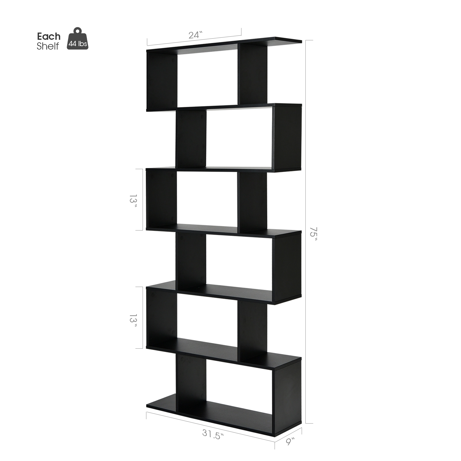 SUGIFT Black 6-Tier S-Shaped Bookshelf 75 in Tall Z-Shelf Display Bookcase