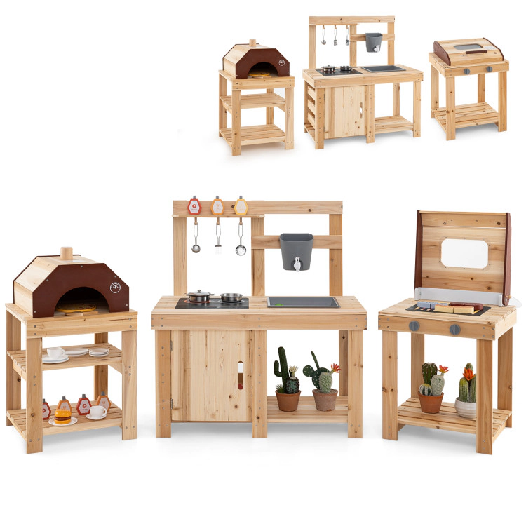 Hivvago 3-Piece Outdoor Kitchen Set Mud Kitchen With Separate Bbq Grill And Pizza Oven-Natural