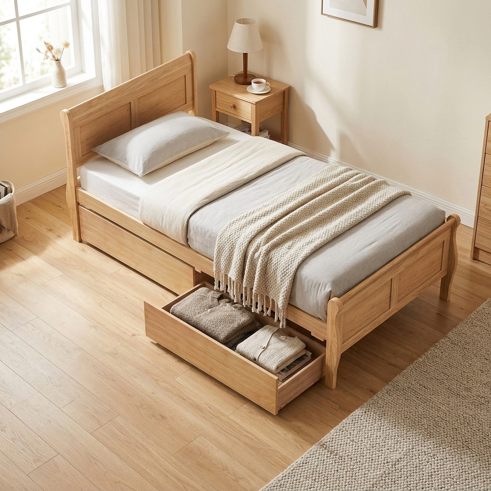 SUGIFT Twin Sleigh Platform Bed with 2 Storage Drawers, Natural Wood, 400-lb Capacity