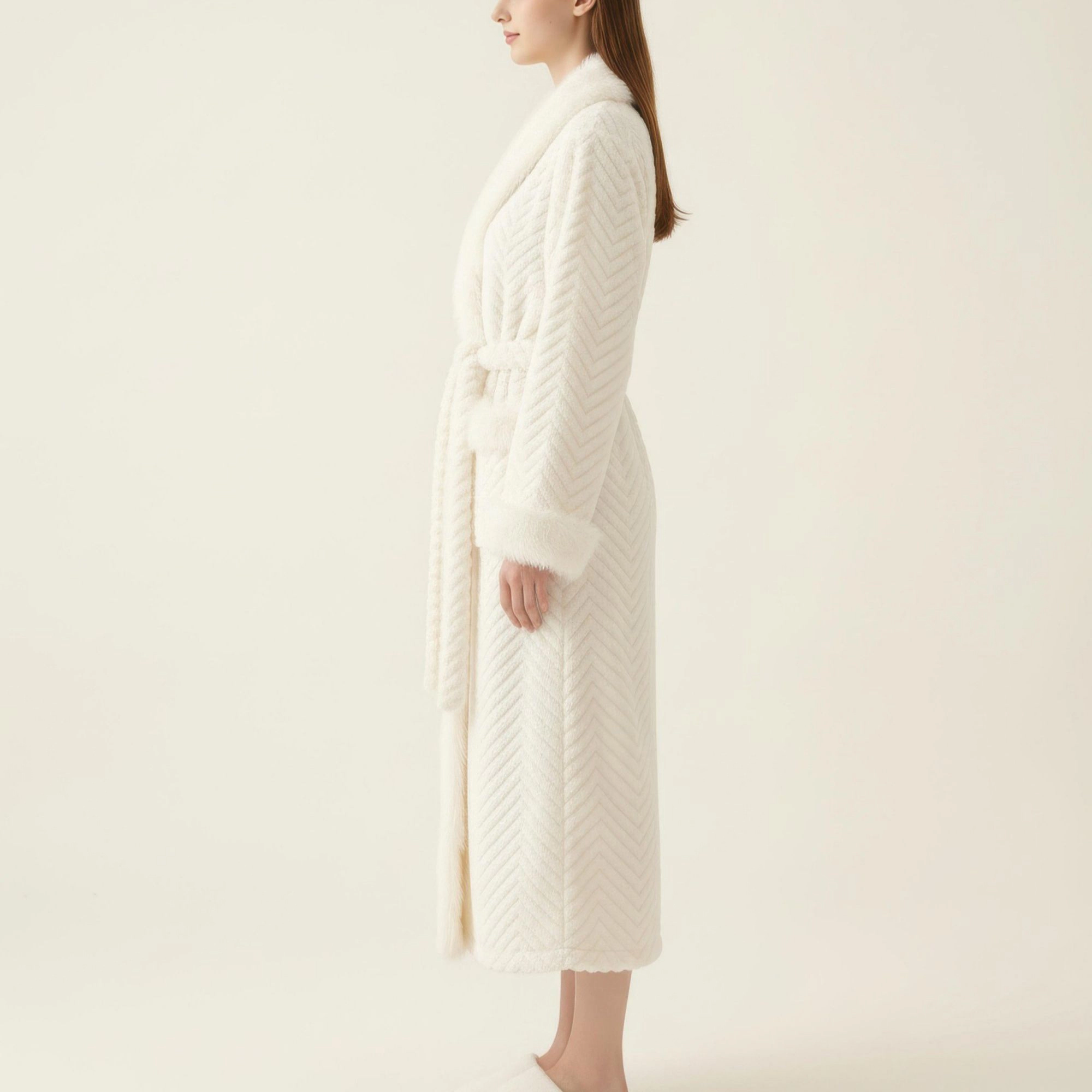 Anna-Kaci Women's Plush Long Robe with Faux Fur Trim Shawl Collar Tie Waist Belt Textured Soft Warm Full Length