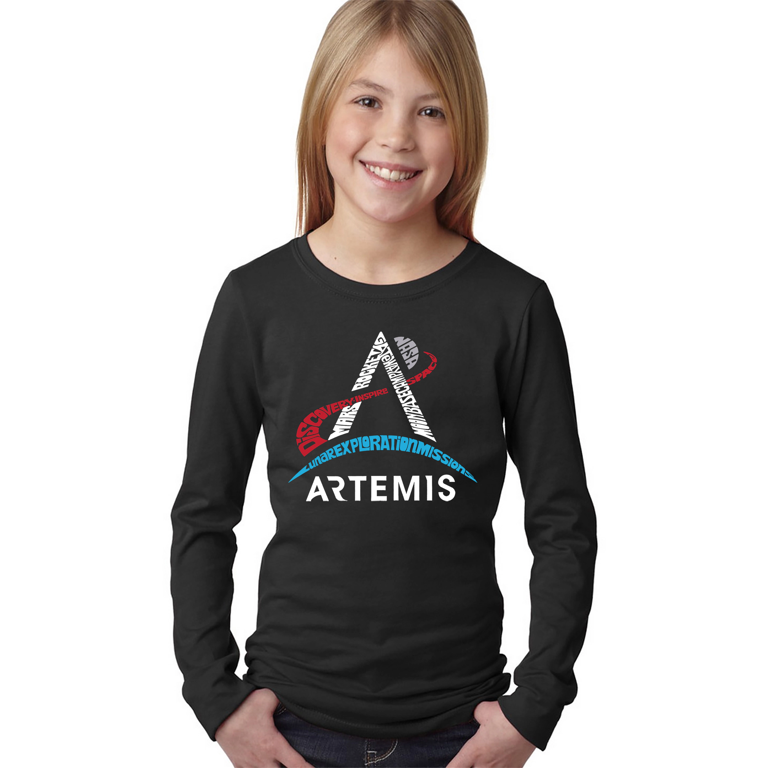 LA Pop Art Girls Long Sleeve Word T-Shirt - NASA Artemis Logo