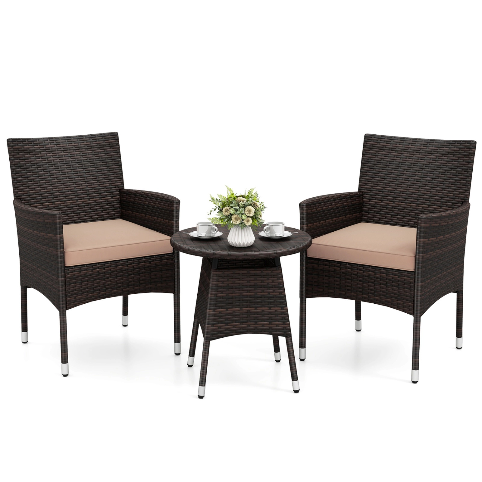 SUGIFT 3-Piece Brown PE Wicker Patio Bistro Set, Reclining Chairs and Round Side Table