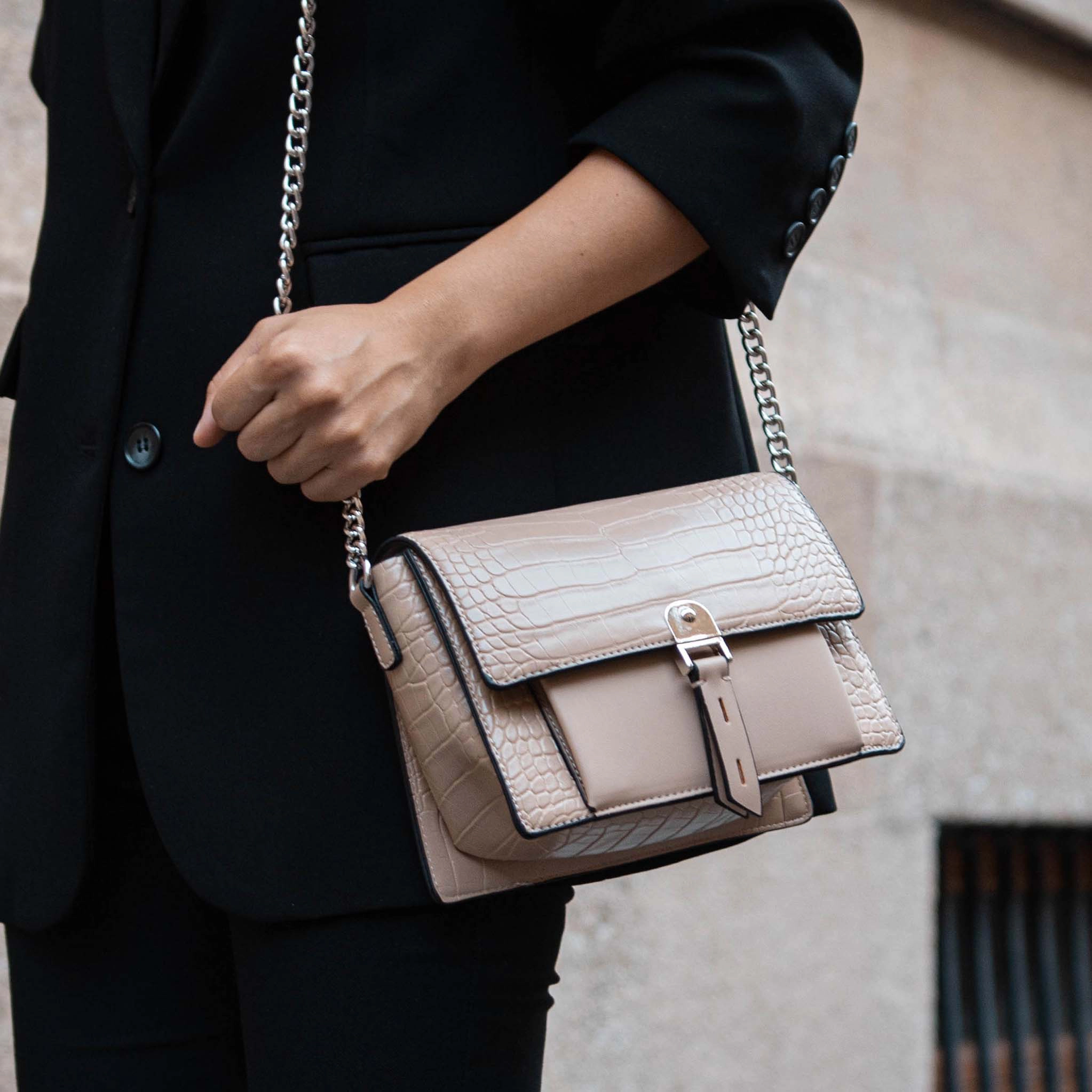 Mia K Collection Hope Shoulder Bag - Crocodile-Embossed Vegan Leather, Silver Chain Strap