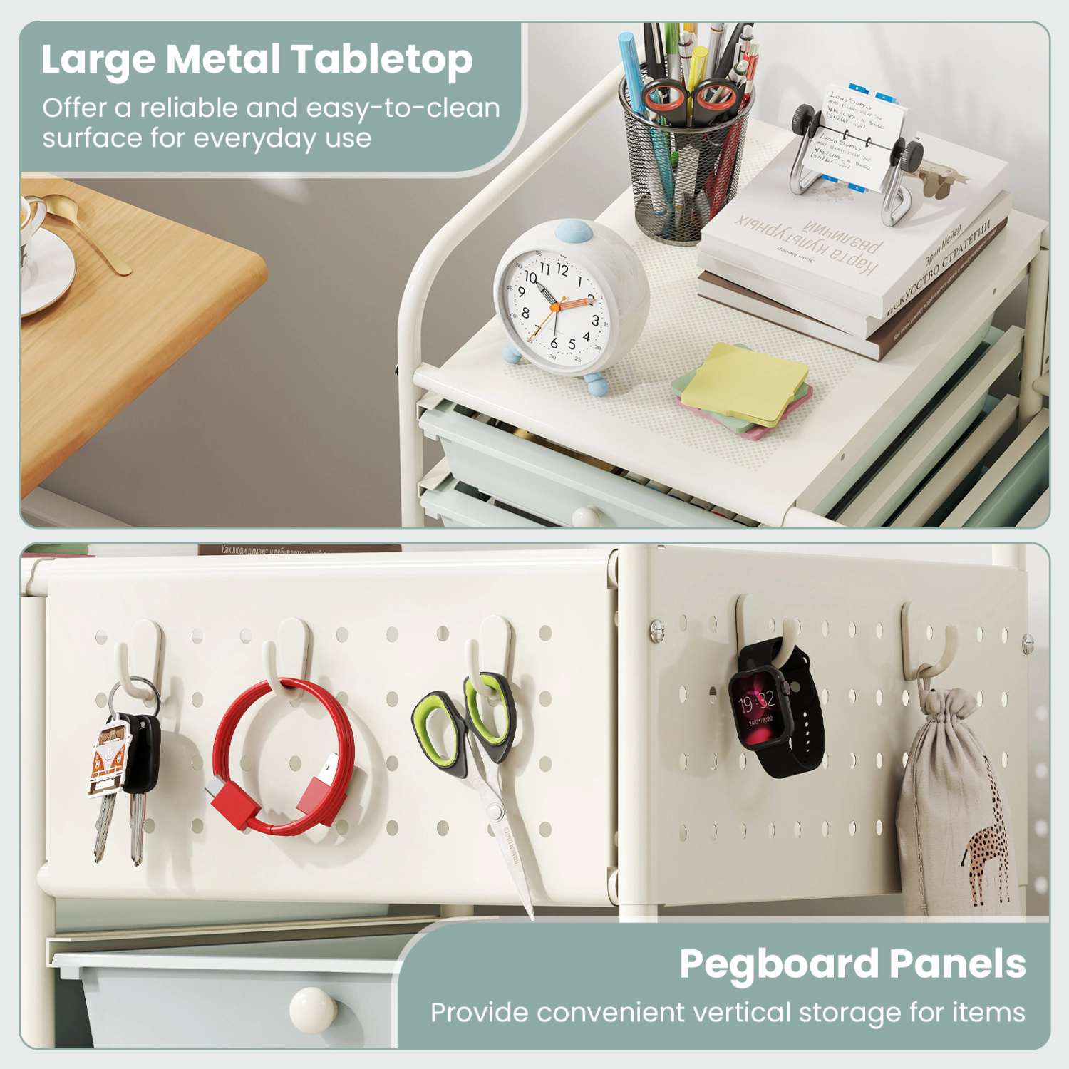 SUGIFT Metal Tabletop and Pegboard Panels 14-Drawer Rolling Storage Cart