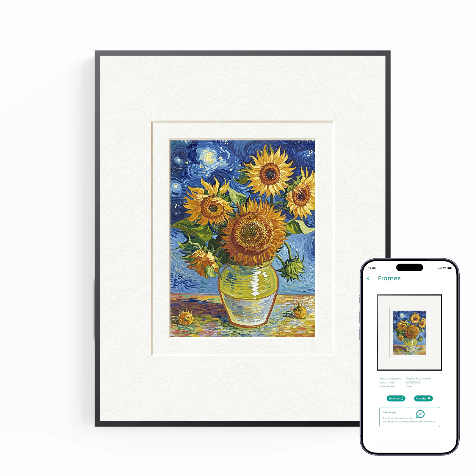 HUESSEN 13.3" Cordless E-Ink Metal Wall Art Frame Tap-to-Print