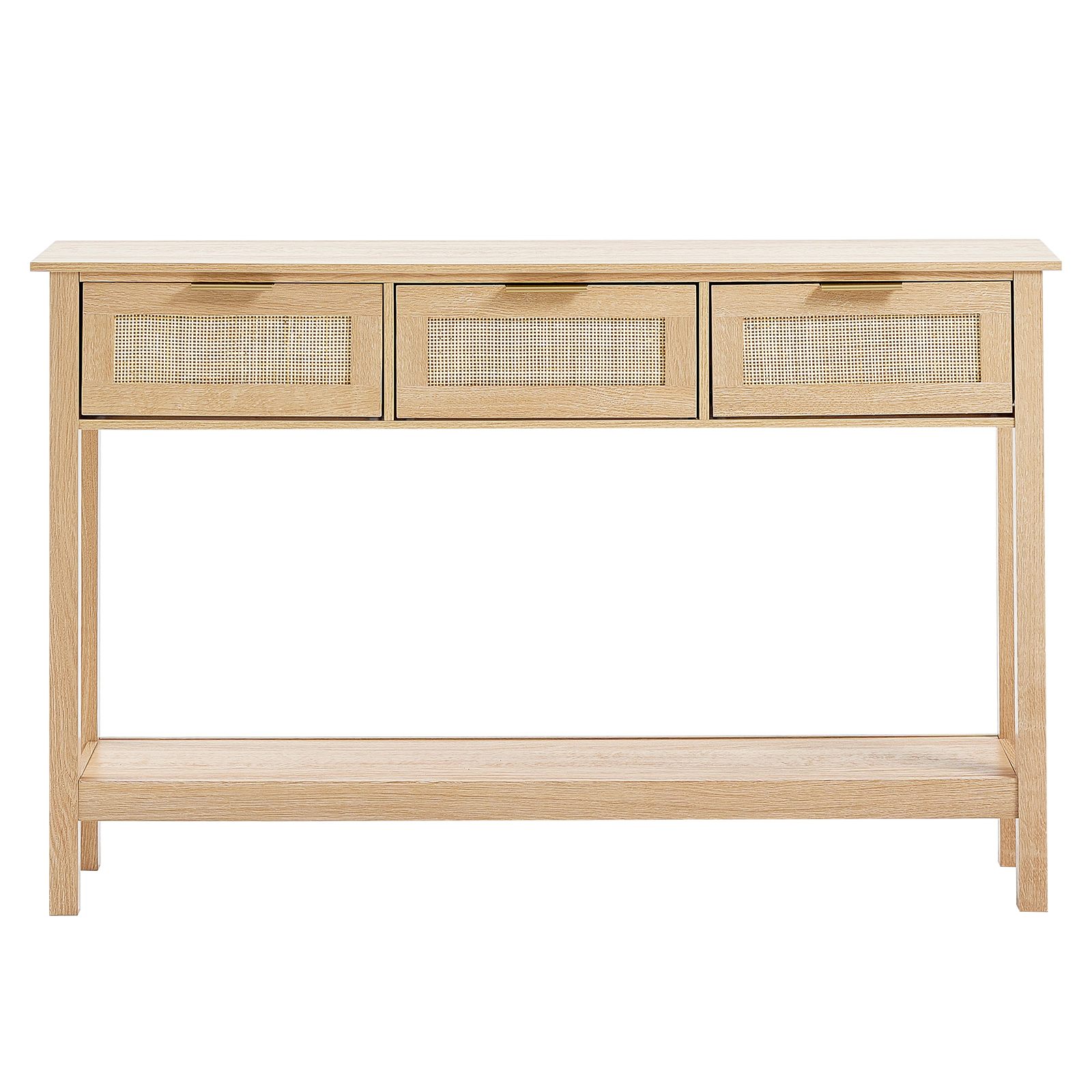 HONGGE Natural Rattan Console Table with 3 Storage Drawers, Narrow Entryway Table for Living Room, Study, TV Wall