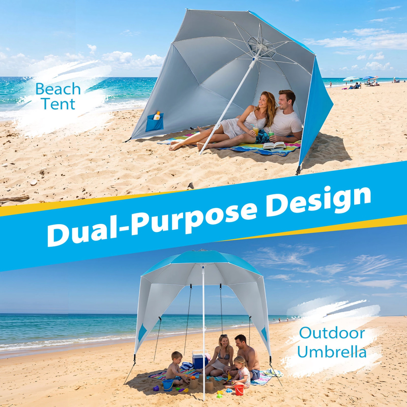 SUGIFT 2-in-1 Beach Shelter Umbrella UPF 50+ with Side Panels for Camping Picnic Blue/Turquoise