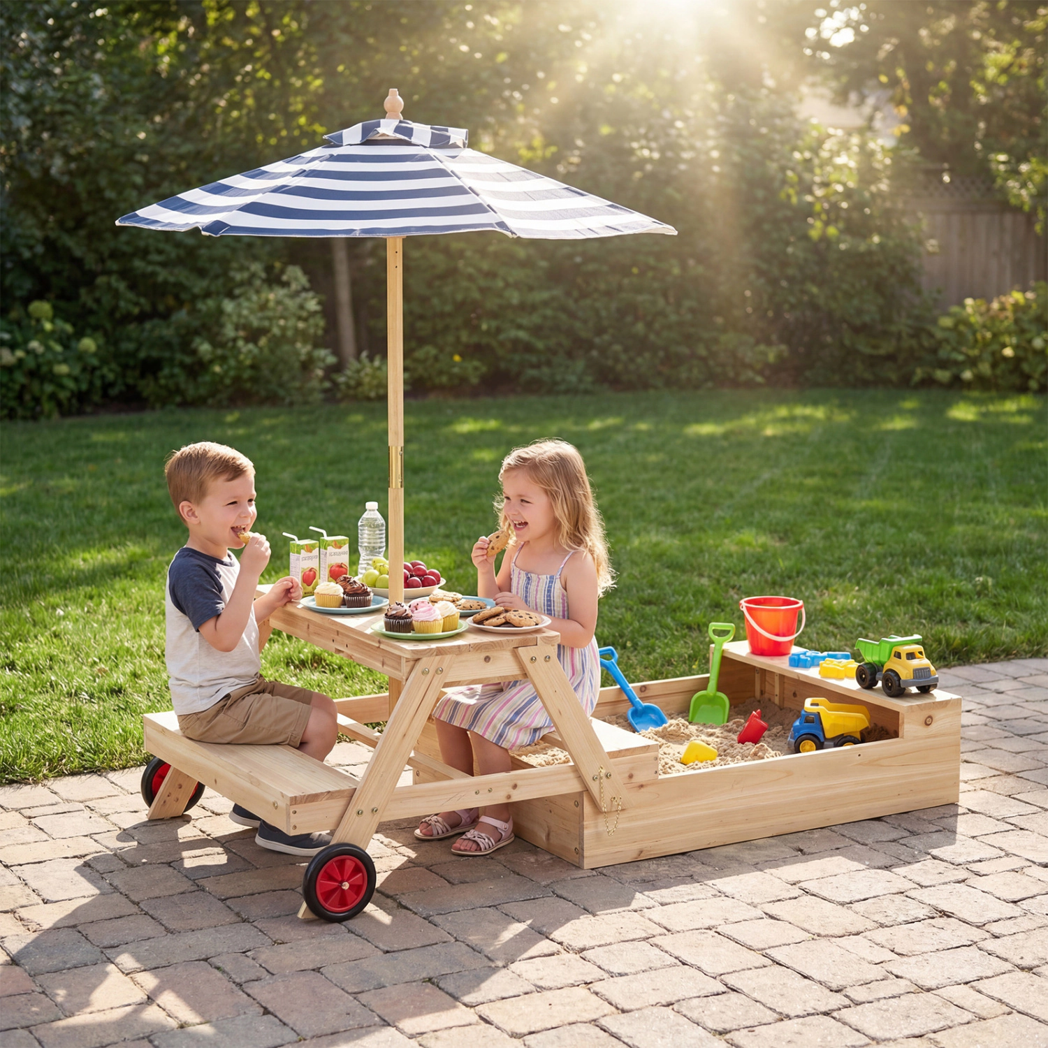 LJG Kids 2-in-1 Wooden Sandbox with Foldable Umbrella and Convertible Picnic Table