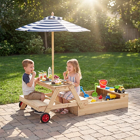 LJG Kids 2-in-1 Wooden Sandbox with Foldable Umbrella and