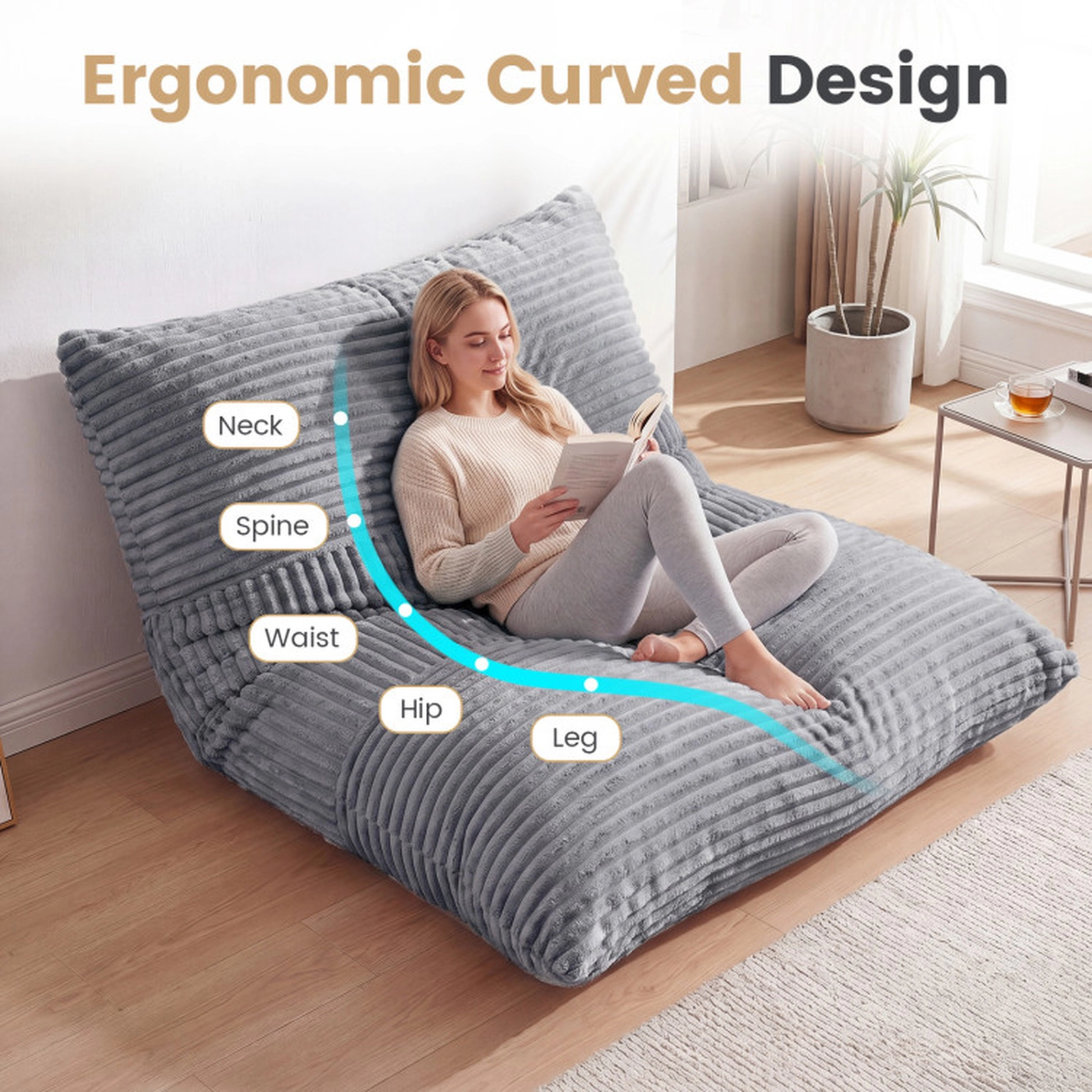 SUGIFT 3-in-1 Convertible Wide Wale Corduroy Large Bean Bag Chair 73-in x 53-in 36-lb Net Weight Light Gray