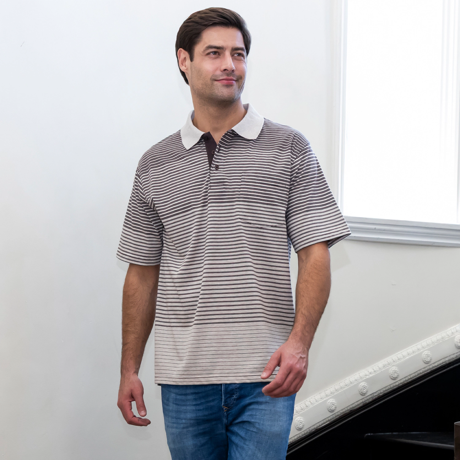 Gioberti Men's Pin Stripe Short Sleeve Polo w/ Chest Pocket