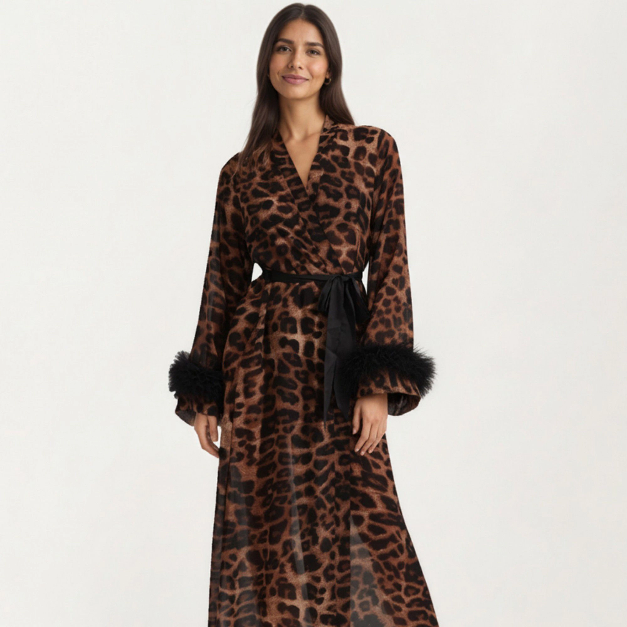 Anna-Kaci Women's Leopard Print Mesh Robe Dress with Feather Sleeves and Satin Tie Waist in Longline Silhouette