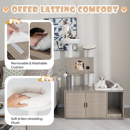 SUGIFT 2-in-1 Gray Cat Tree Tower with Litter Box Enclosure Condo and Scratching Board 37.5-in W 52-in H
