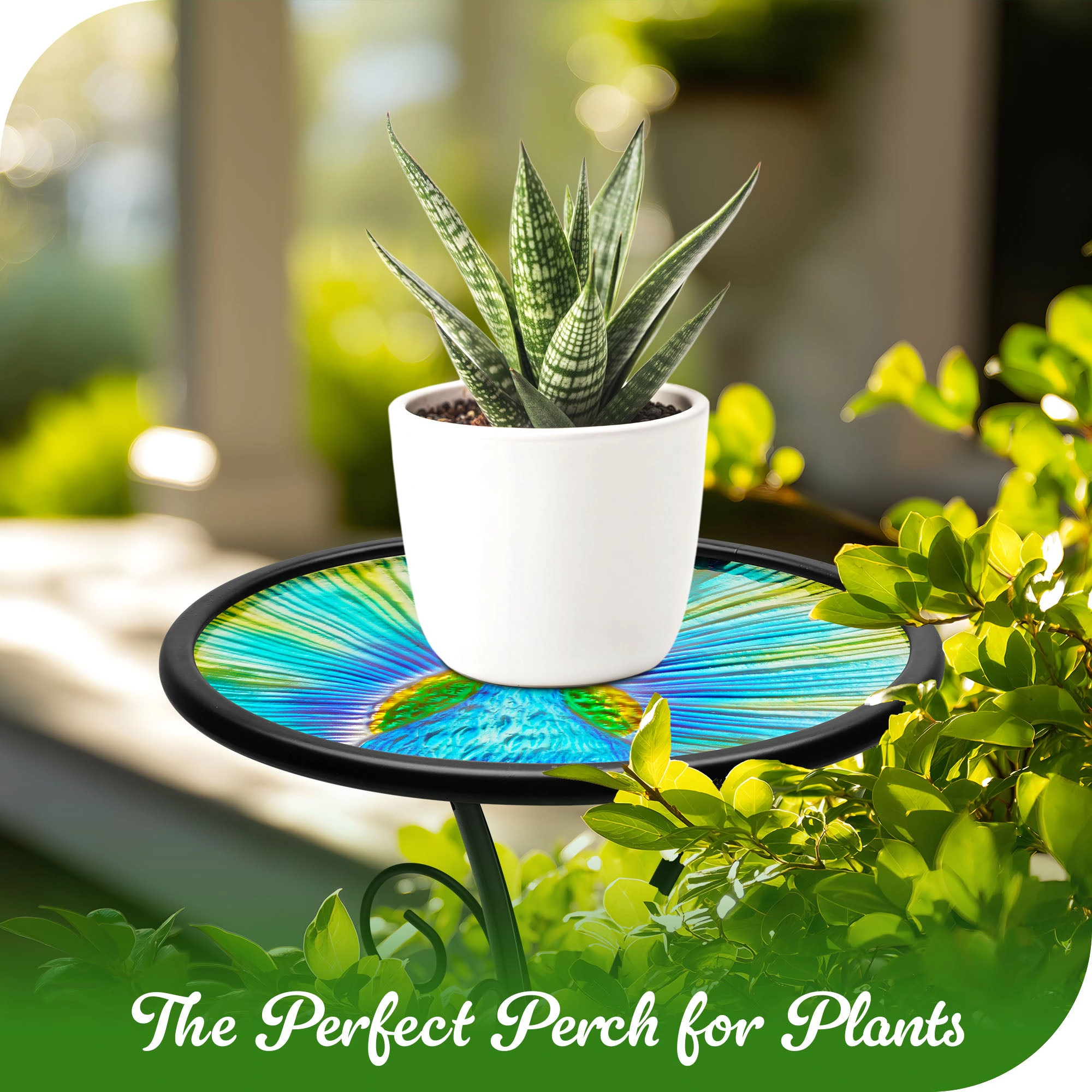 G128 12 in Round Peacock Glass Outdoor Side Table - Foldable Metal Patio Plant Stand