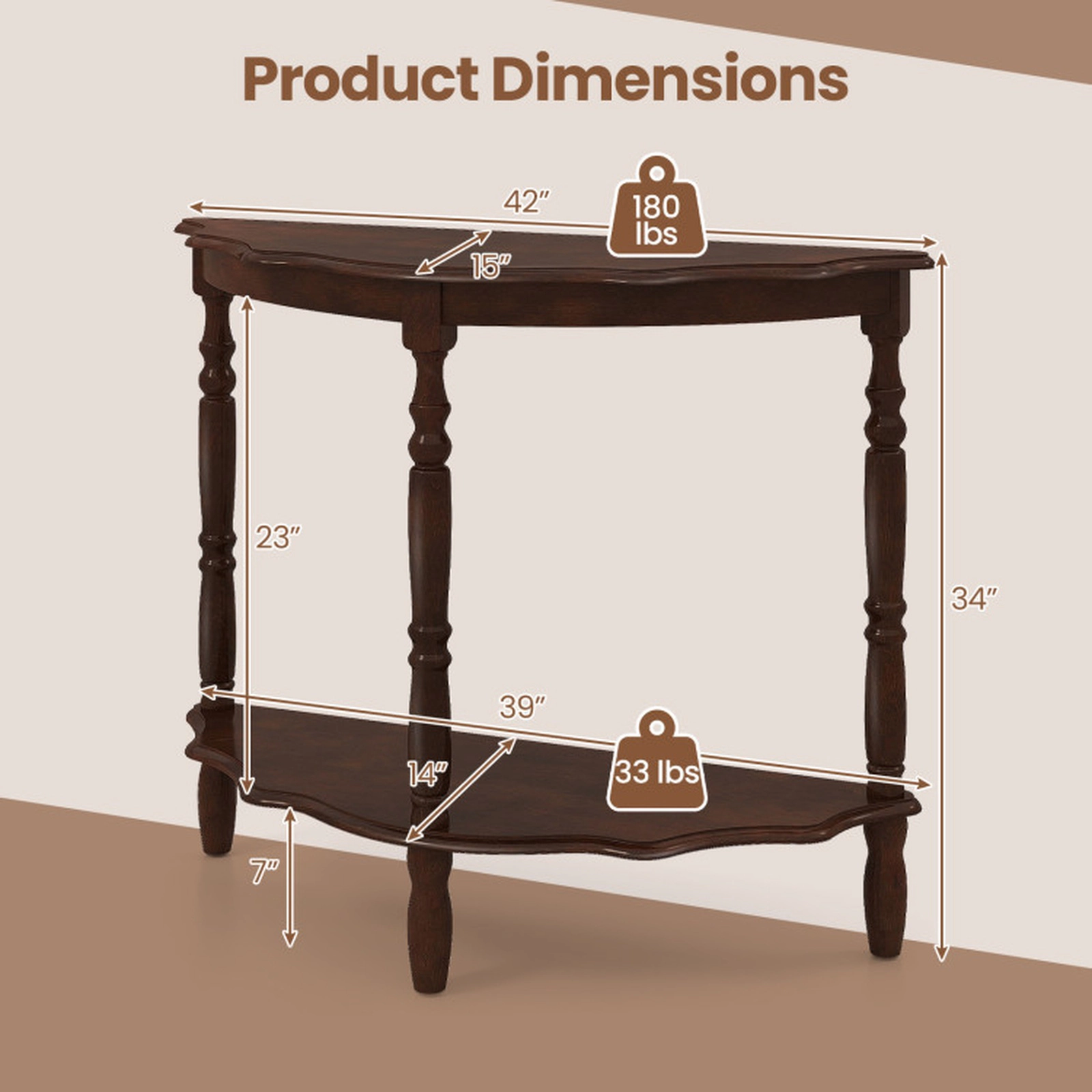 SUGIFT 42-in Half Moon Console Table with 2 Shelves 180-lb Tabletop Capacity 33-lb Shelf Capacity Light Espresso