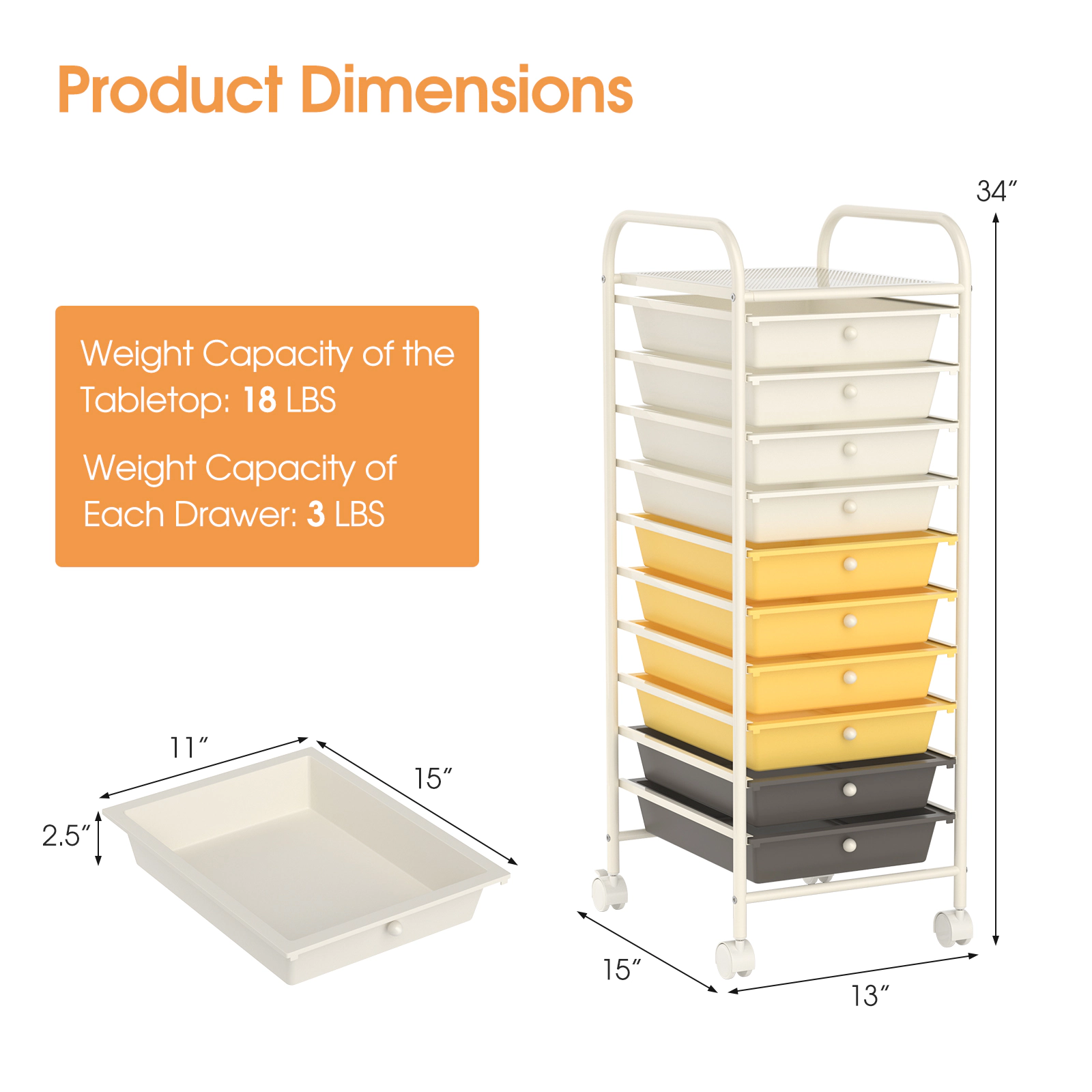 SUGIFT 10-Drawer Rolling Storage Cart Organizer with 4 Universal Casters 3-lb Drawer Capacity Yellow