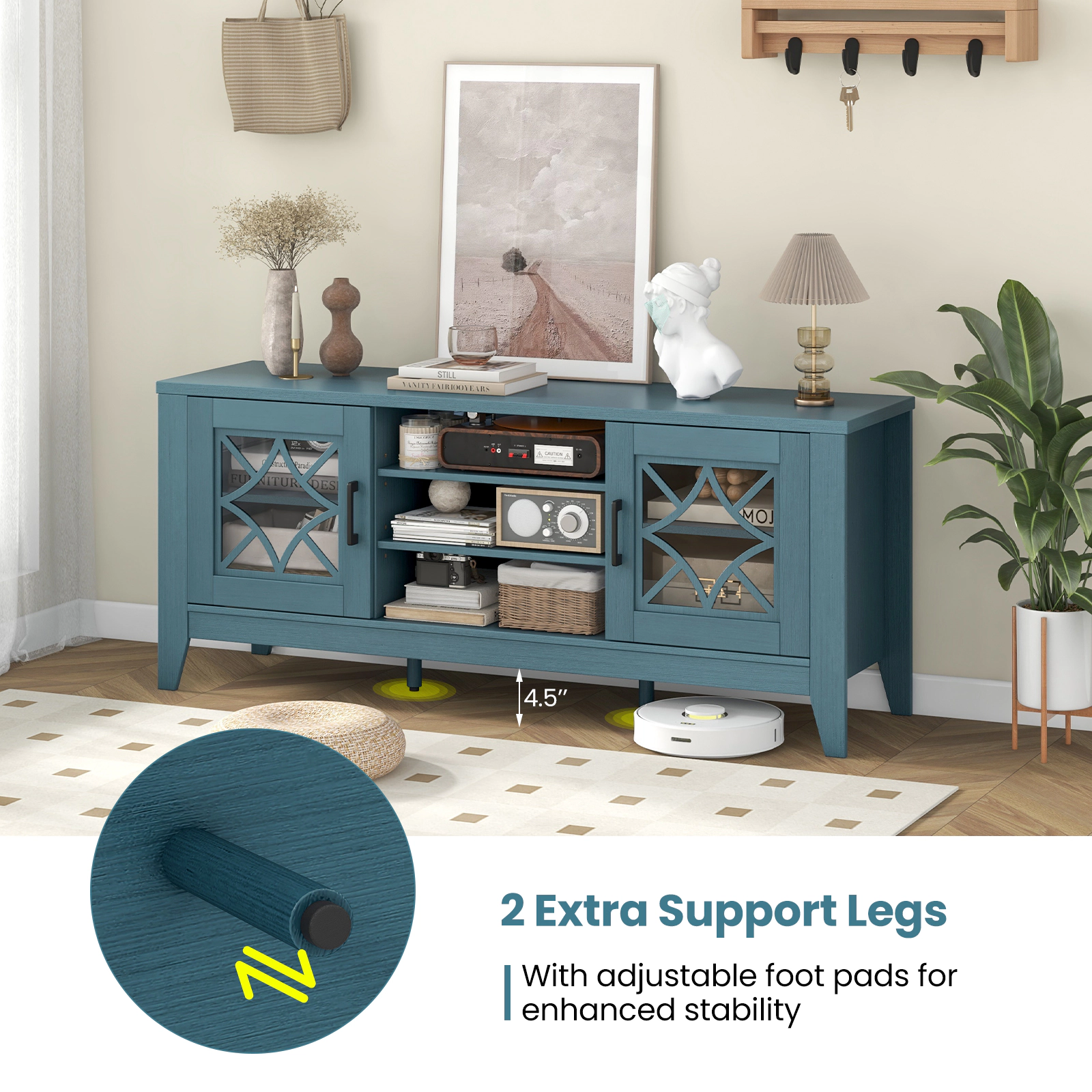 Hivvago Farmhouse Tv Stand For Tvs Up To 65 Inches 4 Adjustable Shelves-Teal Blue