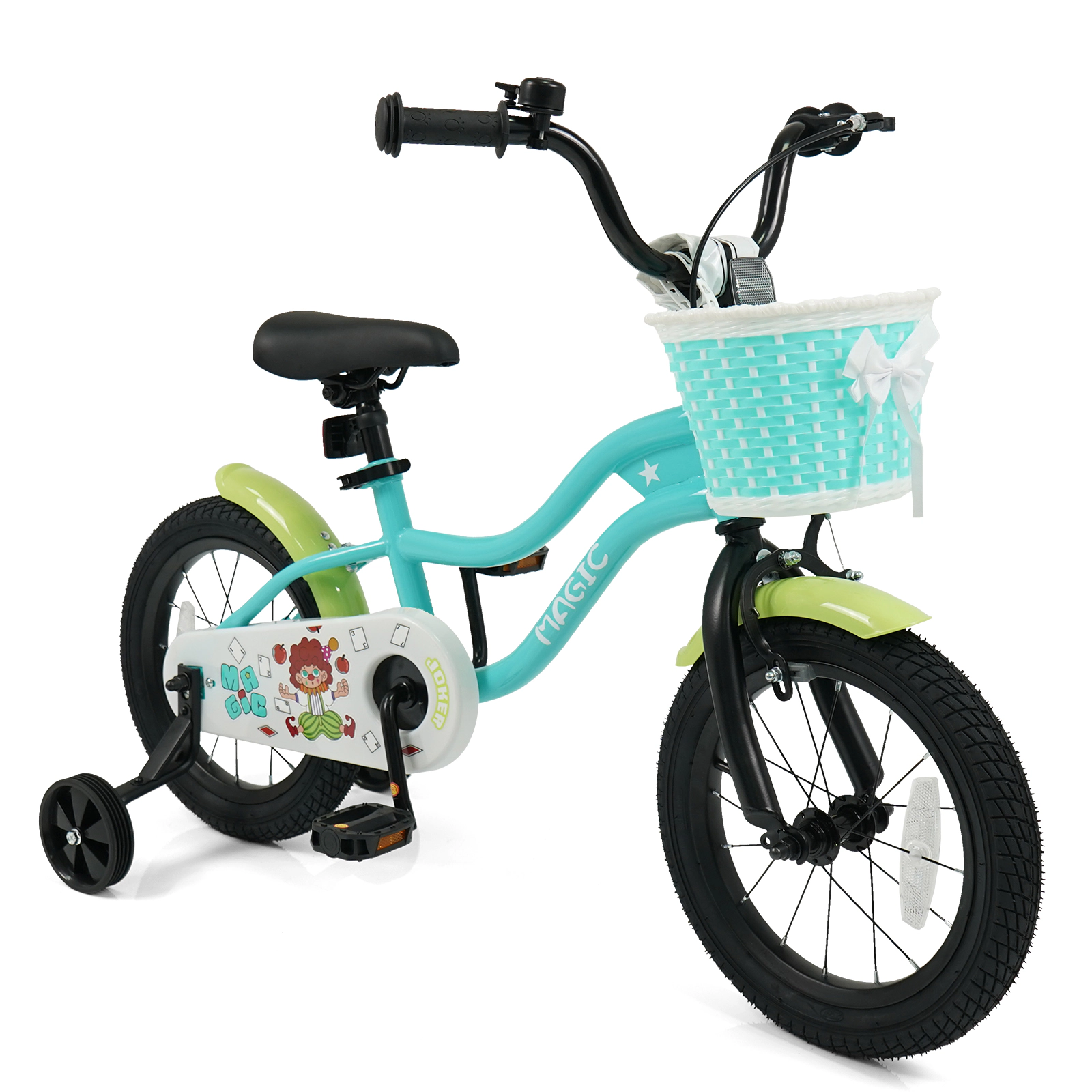 SUGIFT Green Training Wheels Front Basket and Adjustable Handlebar Kids Bike