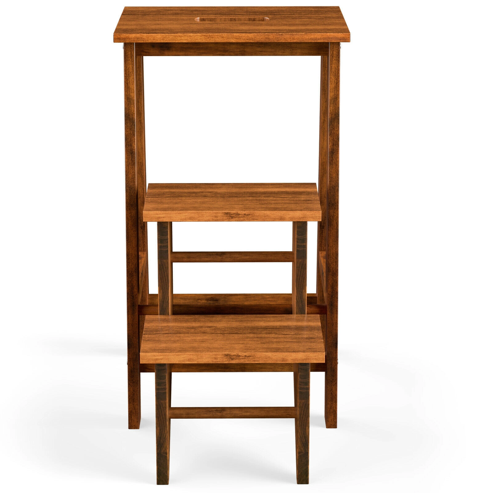SUGIFT 3-in-1 Convertible 3-Tier Rubber Wood Folding Step Stool Ladder 22.5-in x 16-in x 30-in 200-lb Capacity Coffee