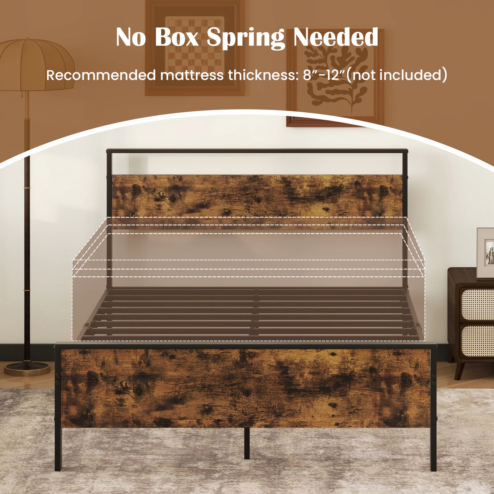 SUGIFT Full Size Platform Bed Frame with Rustic Wood Headboard and Footboard 800-lb Capacity Rustic Brown
