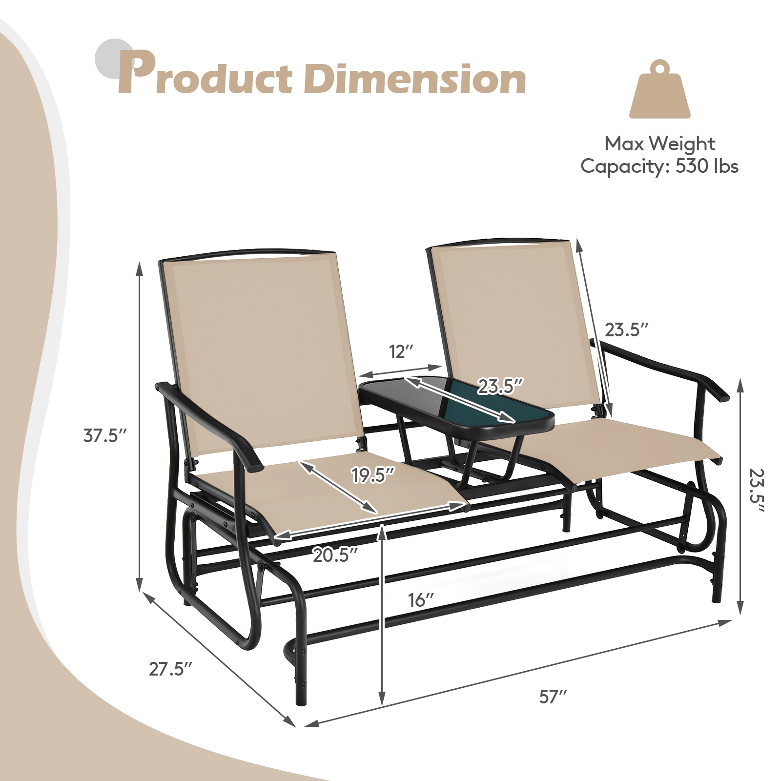 SUGIFT 2-Person Rocking Conversation Loveseat with Tempered Glass Table 530-lb Capacity Turquoise/Gray/Beige/Brown/Black
