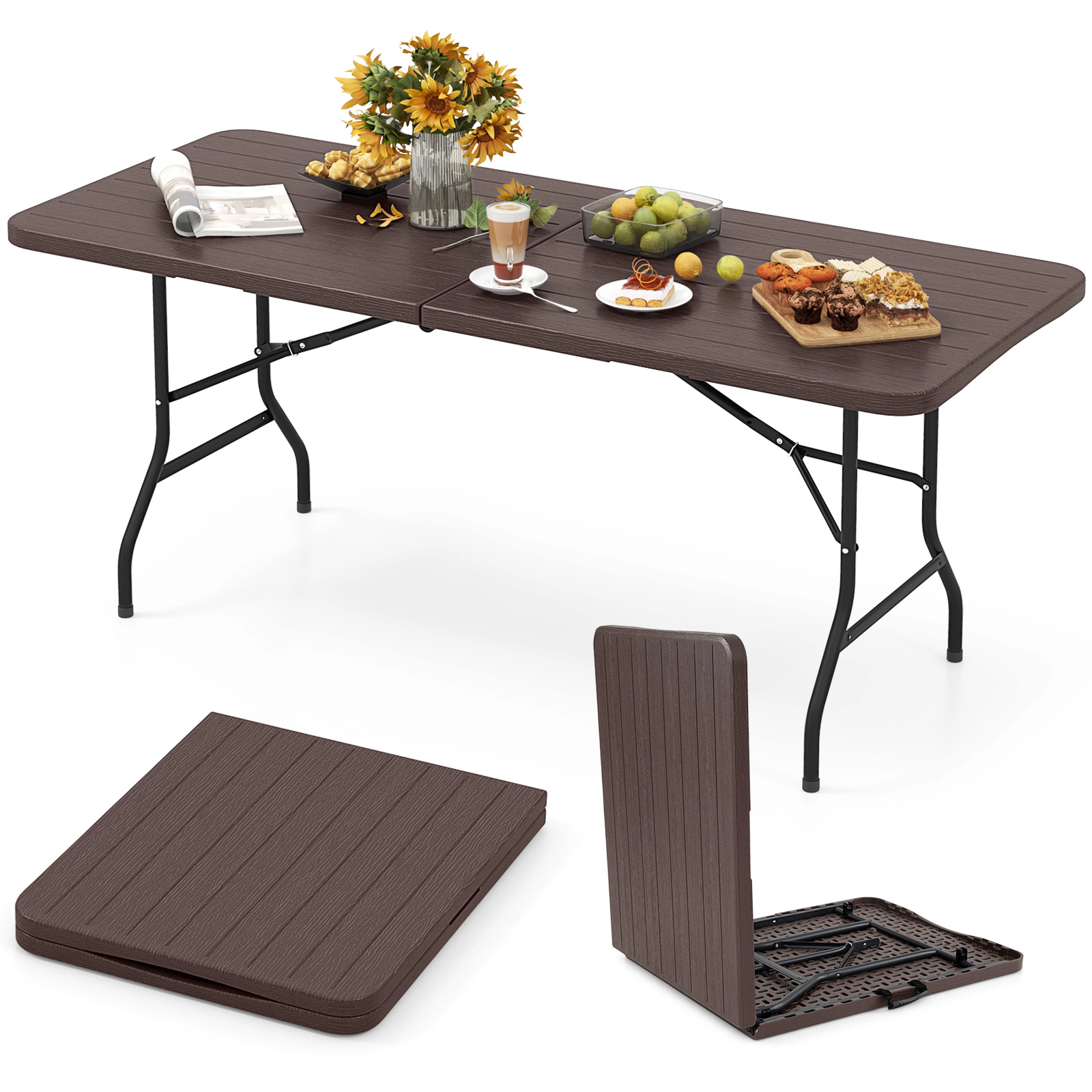SUGIFT 6 ft Folding Table Brown HDPE Wood Grain Top with Safe Lock Mechanism