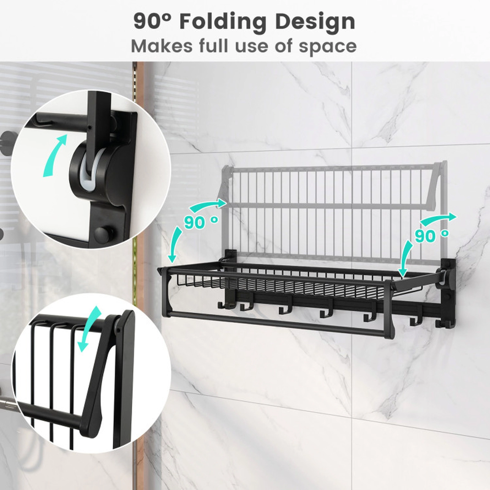 SUGIFT Wall Mounted Space Aluminum Foldable Towel Shelf Adjustable Towel Bar 4 Fixed 5 Movable Hooks 23.5-in Wide Black