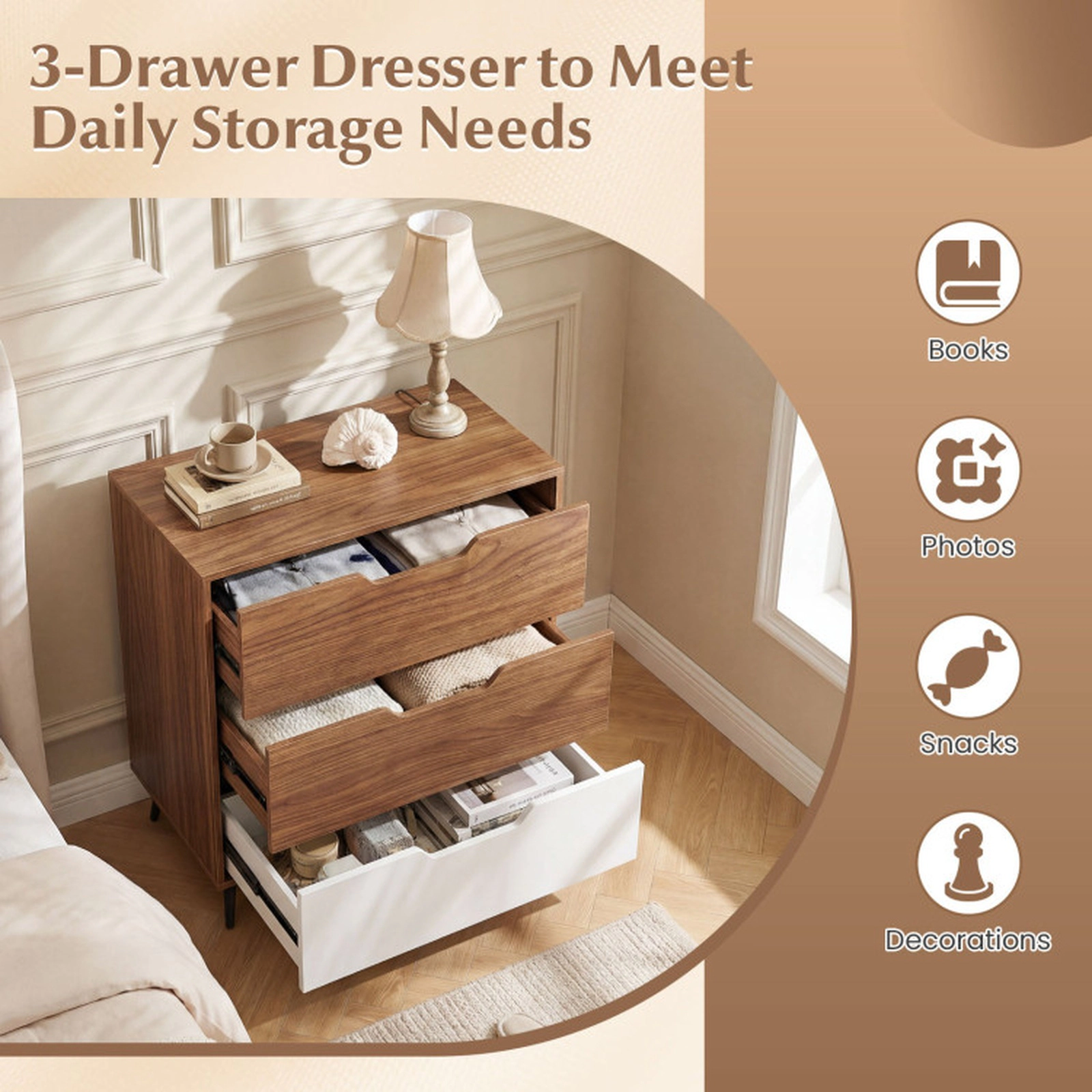 SUGIFT 27.5-Inch Walnut 3-Drawer Dresser with Metal Legs and Anti-Tipping Kit