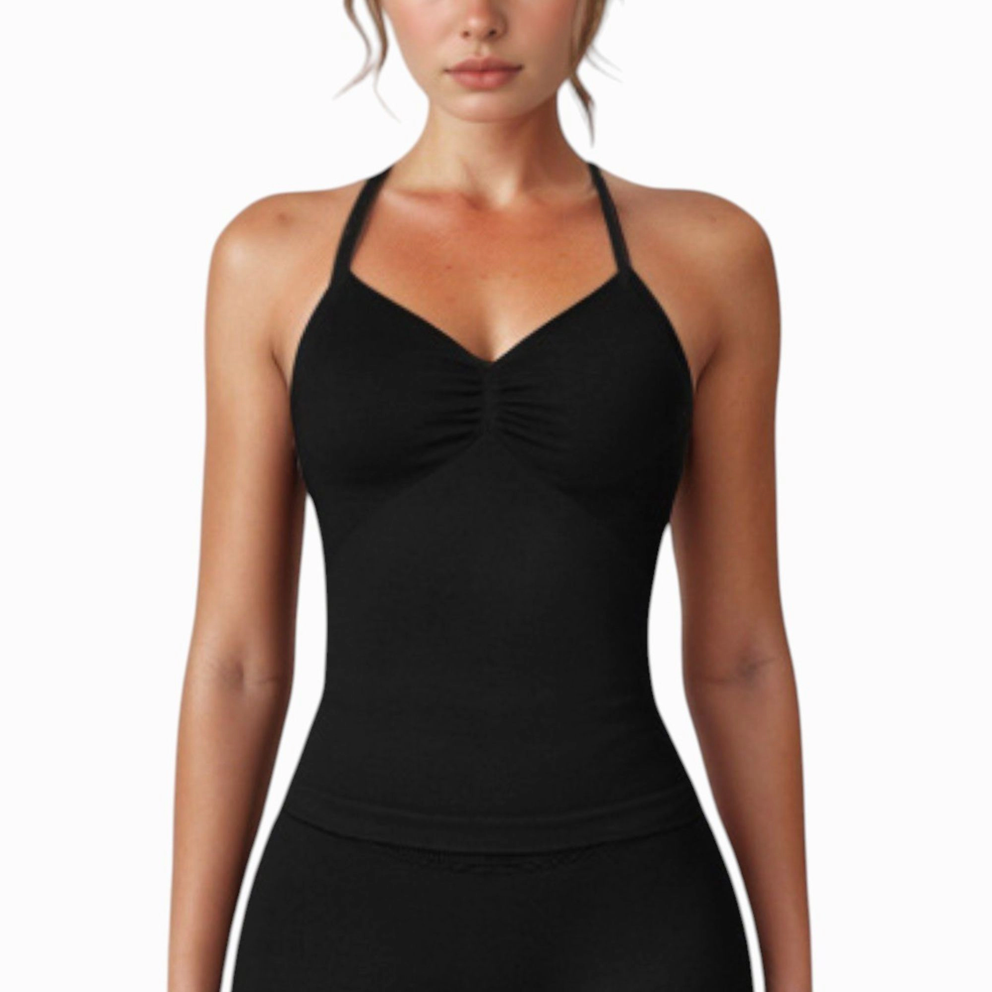 Anna-Kaci Women's Seamless Padded Cami Tank Top with Ruched Front Detail and Adjustable Halter Straps