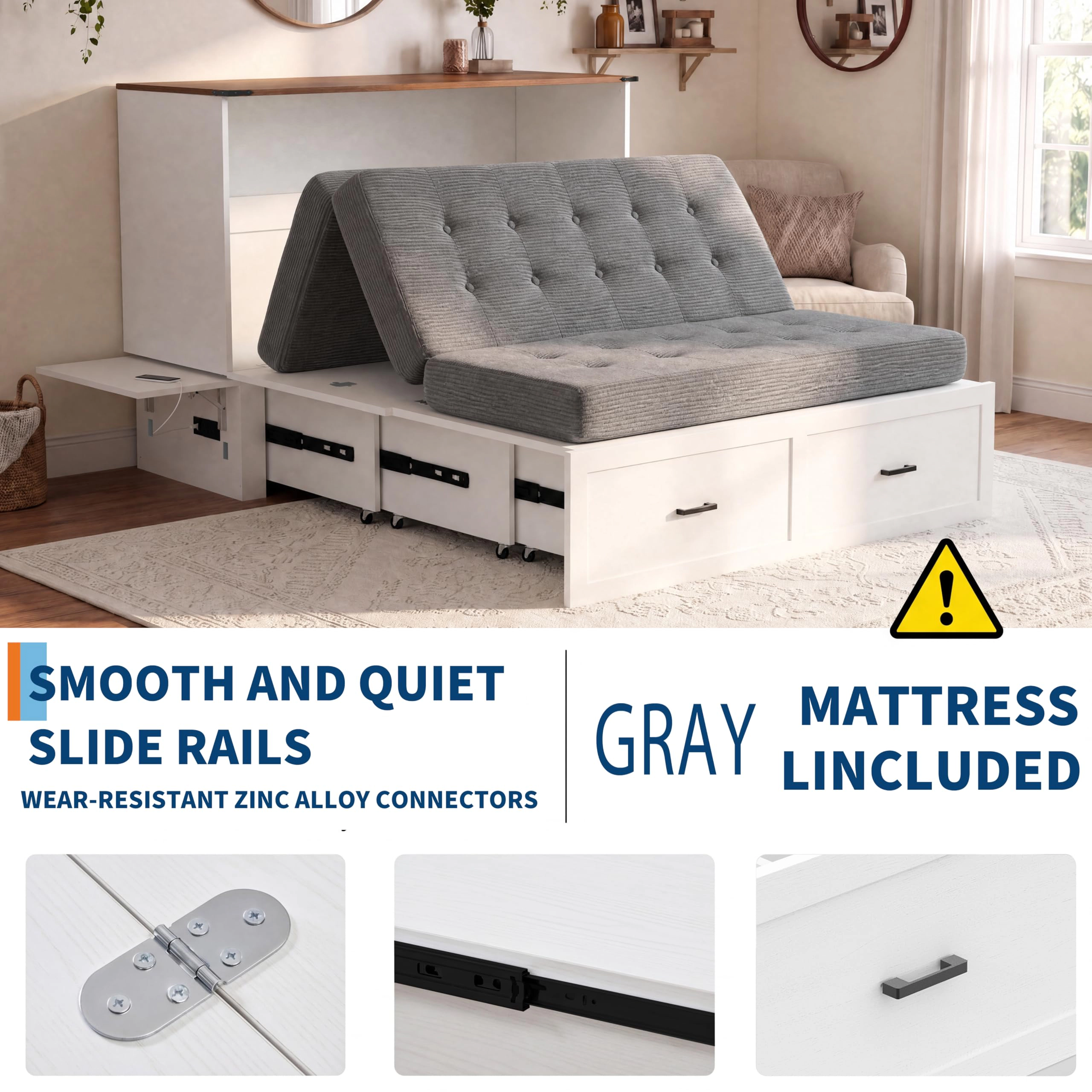 Queen Murphy Bed Cabinet with Storage Drawer, Charging Station & Fold-Out Platform Bed with Mattress Included